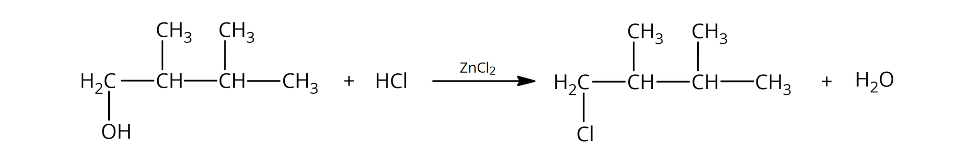 Ilustracja przestawia równanie: <math aria‑label="H O C H indeks dolny, dwa, koniec indeksu dolnego, — C H nawias, C H indeks dolny, trzy, koniec indeksu dolnego, zamknięcie nawiasu, — C H nawias, C H indeks dolny, trzy, koniec indeksu dolnego, zamknięcie nawiasu, —CH indeks dolny, trzy, koniec indeksu dolnego, plus, H C l zet en C l indeks dolny, dwa, koniec indeksu dolnego, powyżej, strzałka w prawo, C l C H indeks dolny, dwa, koniec indeksu dolnego, — C H nawias, C H indeks dolny, trzy, koniec indeksu dolnego, zamknięcie nawiasu, — C H nawias, C H indeks dolny, trzy, koniec indeksu dolnego, zamknięcie nawiasu, — C H indeks dolny, trzy, koniec indeksu dolnego, plus, H indeks dolny, dwa, koniec indeksu dolnego, O">HOCH2—CHCH3—CHCH3—CH3+HCl→ZnCl2ClCH2—CHCH3—CHCH3—CH3+H2O.