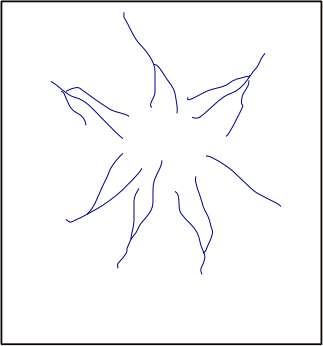 Ilustracja przedstawia układ promienisty sieci rzecznej. Kilka rzek rozpływa się we wszystkich kierunkach od centralnego punktu. Mają w większości kształt litery Y, czasem z dodatkową odnogą w jej środku.