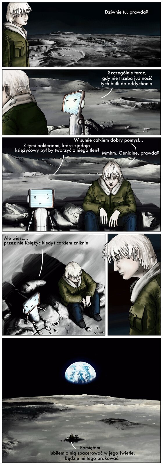 W górnej części ilustracji znajduje się białowłosy mężczyzna ubrany w zieloną kurtkę. Mężczyzna znajduje się na księżycu. Poniżej znajduje się siedzący mężczyzna oraz robot mówiący do niego. Poniżej znajduje się mężczyzna siedzący na księżycowej skale razem z robotem, z którym rozmawia. Poniżej znajduje się mężczyzna oraz robot siedzący na księżycowej skale, którzy widoczni są z innej perspektywy. W dolnej części ilustracji znajduje się księżyc oraz planeta ziemia widziana z oddali. W oddali na księżycu widać małe postacie siedzące na nim. Komiks wykonany jest w ciemnych kolorach i posiada dialogi w języku polskim.