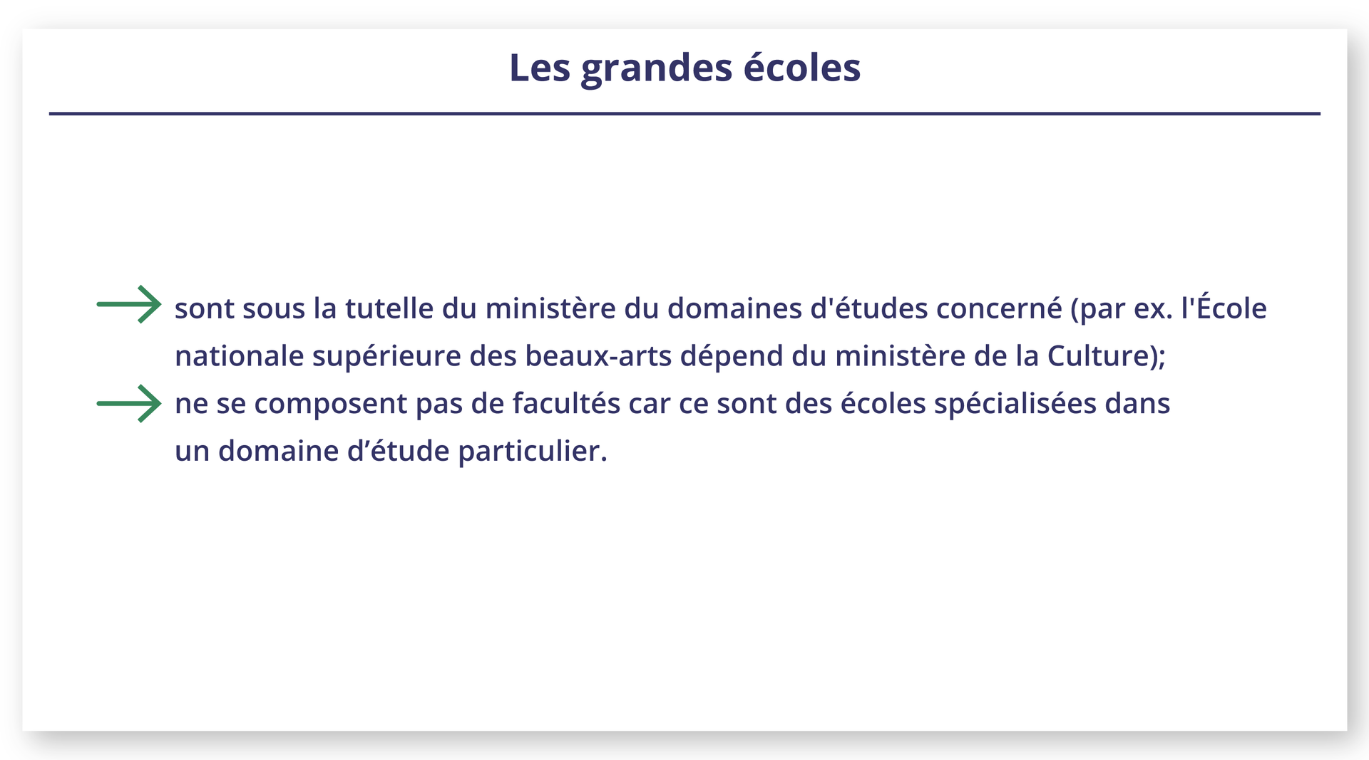 Ilustracja zatytułowana Les grandes écoles zawiera następujące informacje: sont sous la tutelle du ministère du domaines d'études concerné (par ex. l'École nationale supérieure des beaux‑arts dépend du ministère de la Culture);ne se composent pas de facultés car ce sont des écoles spécialisées dans un domaine d'étude particulier.