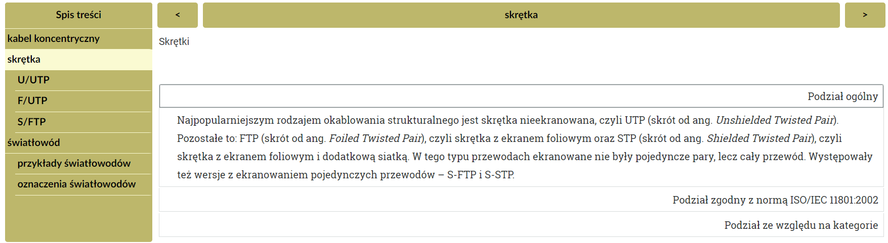 W centrum ilustracji znajduje się podgląd przykładowych szczegółowych informacji na temat mediów teletransmisyjnych – skrętki. Widoczne są trzy zakładki, pierwsza opisana jako: podział ogólny jest rozwinięta. Powyżej znajduje się panel z napisem: skrętki. Po bokach panelu znajdują się strzałki, wskazujące przeciwne kierunki. Po prawej stronie grafiki widoczny jest spis treści z zaznaczoną zakładką: skrętki.