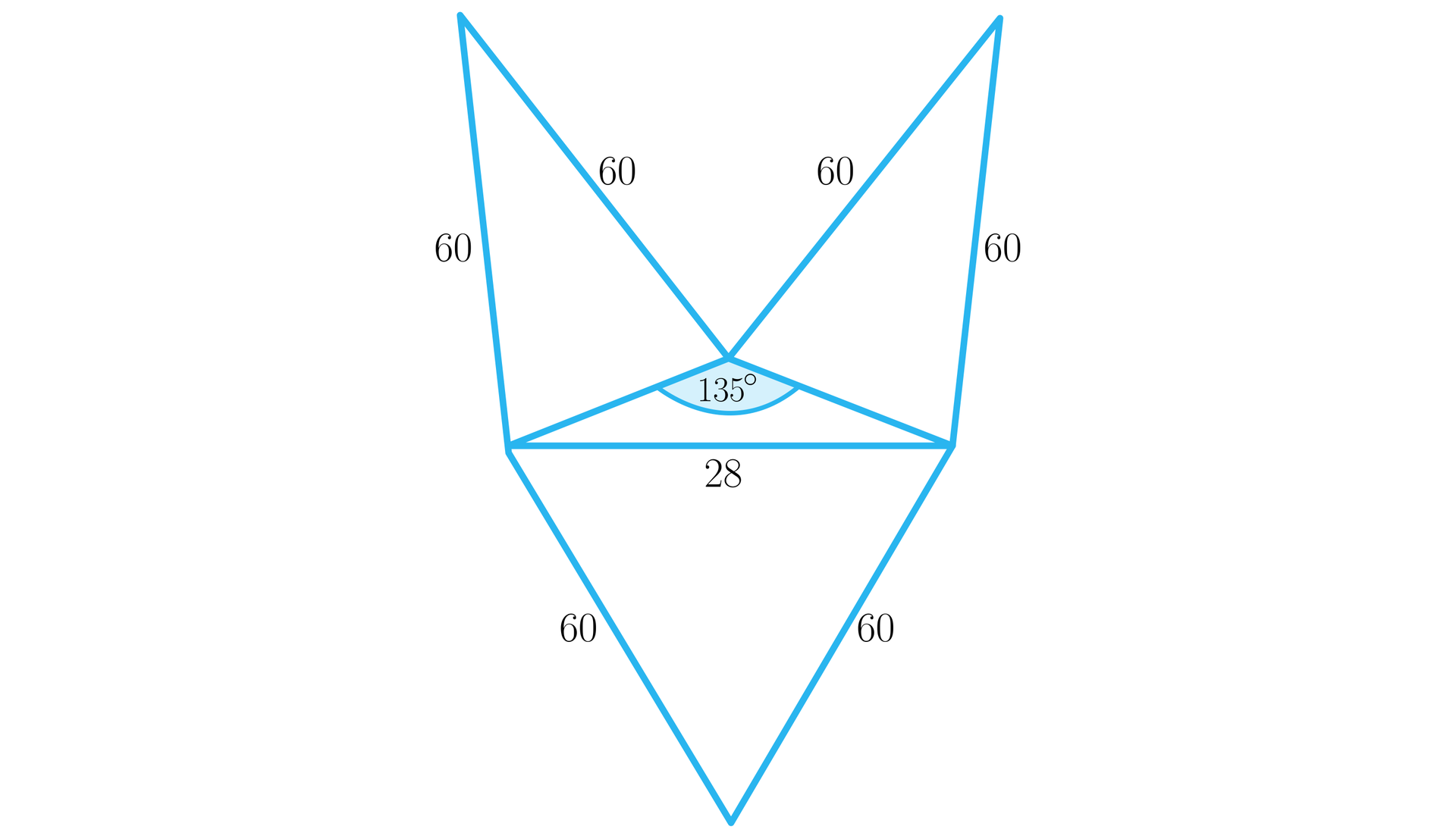 Na ilustracji przedstawiono siatkę ostrosłupa trójkątnego, która wygląda następująco. Przedstawiono trójkąt równoramienny z kątem rozwartym o mierze stu trzydziestu pięciu stopni i podstawie długości dwadzieścia osiem. Na każdym boku trójkąta zbudowano trójkąty równoramienne o ramionach długości sześćdziesiąt.
