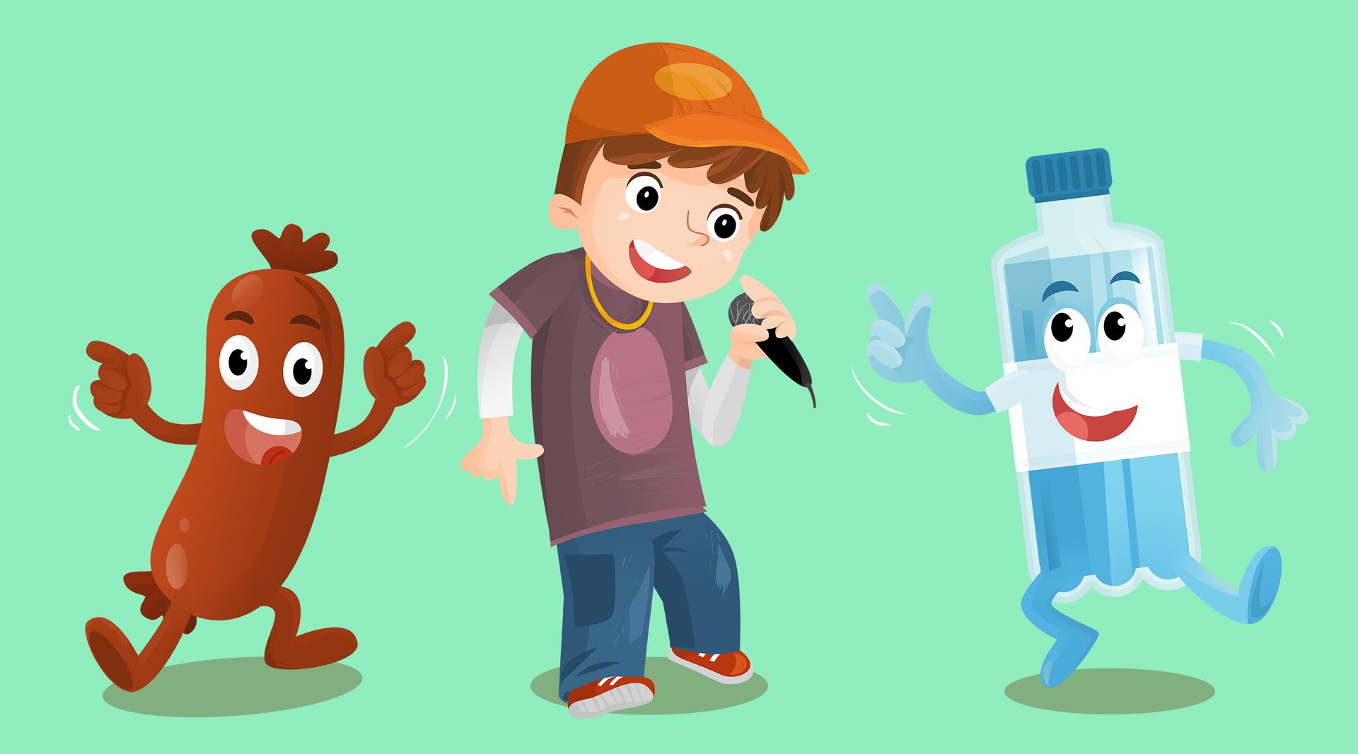 Na ilustracji ukazano rapującego chłopca. Po jego lewej stronie znajduje się tańcząca kiełbasa, a po jego prawej stronie - tańcząca butelka z wodą.