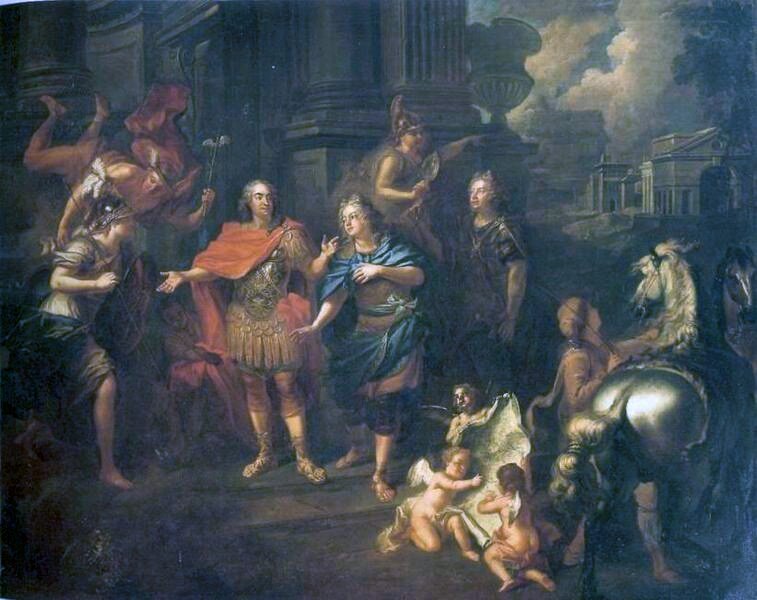 Obraz przedstawiający sylwetki Augusta II i Augusta III.