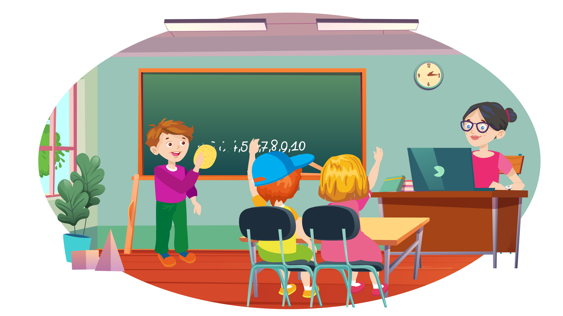 Ilustracja przedstawia klasę szkolną. Na suficie wiszą dwie podłużne lampy. Po lewej stronie jest okno, za którym widać fragment drzewa liściastego i błękitne niebo. Pod oknem, na drewnianej podłodze, stoi zielona roślina w błękitnej donicy. Obok niej stoją dwa klocki w postaci figur geometrycznych – sześcian i ostrosłup. W tle znajduje się turkusowa ściana, na której wisi ciemnozielona tablica w brązowej ramie z półką. Na półce leży jasnobrązowa ekierka. Po lewej stronie jest oparta o ścianę jasnobrązowa linijka. Na tablicy są napisane białą kredą liczby: 1, 2, 3, 4, 5, 6, 7, 8, 9, 10. Przy tablicy, po lewej stronie, stoi brązowowłosy chłopiec, który zmazuje liczby żółtą gąbką. Jest ubrany w fioletową bluzę z długimi rękawami, długie zielone spodnie, ciemnoniebieskie skarpety i pomarańczowe buty. Na prawo od tablicy wisi okrągły turkusowy zegar ze wskazówkami. Pod zegarem stoi brązowe biurko z krzesłem. Na biurku są trzy książki i otwarty laptop. Na krześle siedzi nauczycielka. Ma czarne włosy upięte w kok i jest ubrana w ciemnoróżową bluzkę z krótkimi różowymi rękawami. Na nosie ma okulary, a na lewym nadgarstku zegarek. Na pierwszym planie stoją tyłem dwa czarne krzesła i jasnobrązowa ławka. Na lewym krześle siedzi Franek, Jest ubrany w niebieską czapkę z daszkiem, żółtą koszulkę z krótkimi pomarańczowymi rękawami, krótkie jasnozielone spodnie, białe skarpety i pomarańczowe buty z żółtymi podeszwami. Unosi lewą rękę do góry. Na prawym krześle siedzi blondwłosa dziewczynka ubrana w różową sukienkę z krótkimi rękawami, białe skarpety i ciemnoróżowe buty. Unosi prawą rękę do góry.