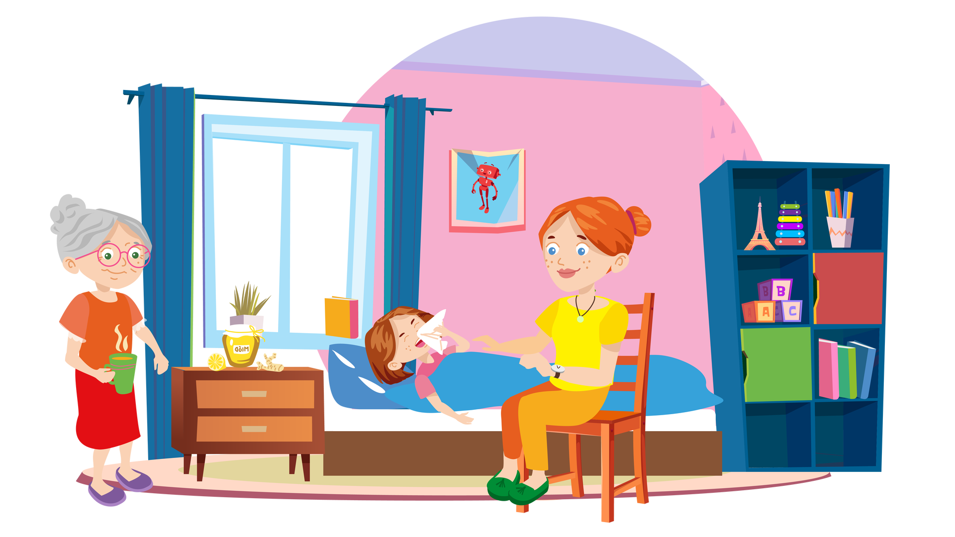 Ilustracja przedstawia pokój Mai. W tle widać jasnoróżową ścianę, na której wisi plakat przedstawiający uśmiechniętego Zgrzytka. Obok jest duże okno z niebieskimi zasłonami i parapetem, na którym stoją zielona roślina w malej doniczce i pomarańczowa książka. Po prawej stronie ilustracji znajduje się granatowy regał z szafkami i półkami, a na nich są klocki z literkami, miniatura wieży Ajfla, zabawkowa wieża z kolorowych kółek, kubek z kredkami i trzy książki. Po lewej stronie ilustracji stoi babcia Mai i Franka. Jest ubrana w pomarańczową bluzkę z krótkimi rękawami, czerwoną spódnicę do kolan i fioletowe buty. W prawej ręce trzyma zielony kubek z parującym napojem. Pod oknem jest brązowa szafka z dwiema szufladami, na której znajdują się połowa cytryny, słoik miodu i korzeń imbiru. Dalej stoi łóżko, w którym leży Maja. W lewej ręce trzyma chusteczkę higieniczną, którą przykłada do nosa w trakcie kichnięcia. Obok dziewczynki stoi krzesło, na którym siedzi mama Mai i Franka. Jest ubrana w żółtą bluzkę z krótkimi rękawami, długie pomarańczowe spodnie i zielone buty. Mama i babcia delikatnie się uśmiechają i patrzą na chorą Maję.