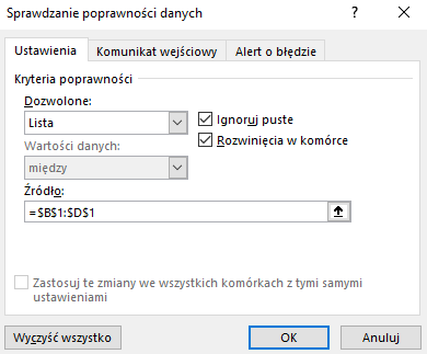 Na zrzucie ekranu widoczne jest okno dialogowe Sprawdzania poprawności danych. Zaznaczona jest zakładka Ustawienia, w polu Dozwolone wybrana jest opcja Lista. W polu Wartości danych wybrana jest opcja między. W polu Źródło wpisany jest zakres komórek: =$C$1:$I$1. Dodatkowo zaznaczone są opcje Ignoruj puste i Rozwinięcia w komórce. W oknie tym znajdują się trzy przyciski akcji, Wyczyść wszystko, Ok i Anuluj.