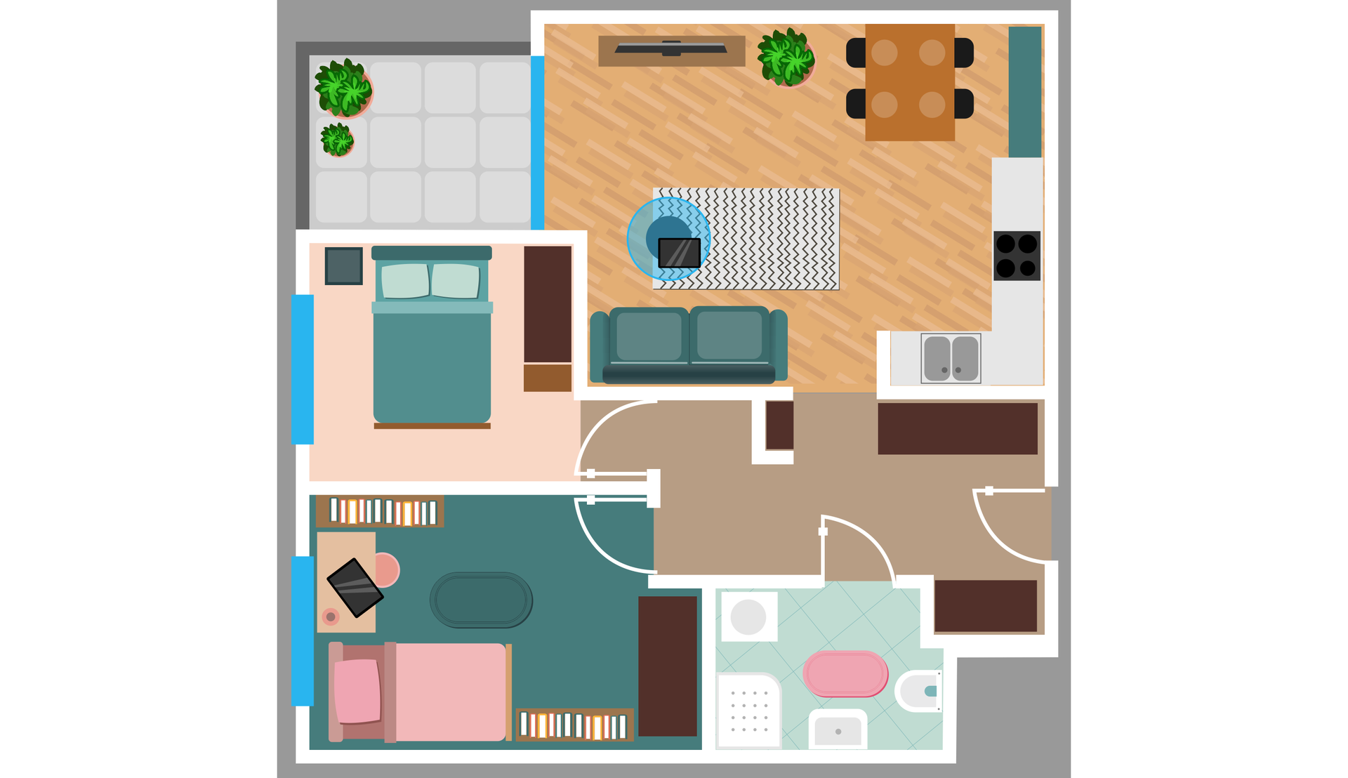 Grafika przedstawia plan mieszkania. Po prawej stronie znajduje się wejście do mieszkania. Po wejściu po lewej stronie znajduje się łazienka. Naprzeciwko wejścia po lewej za łazienką znajduje się jednoosobowa sypialnia. Po prawej stronie obok sypialni jednoosobowej znajduje się sypialnia z podwójnym łóżkiem. Po prawej stronie po wejściu do mieszkania znajduje się salon z aneksem kuchennym i częścią jadalną. W mieszkaniu znajduje się też mały balkon.