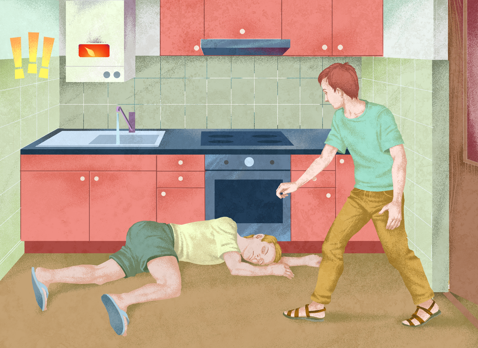 Ilustracja przedstawia próbę udzielania pierwszej pomocy w kuchni. Na podłodze w kuchni leży nieprzytomny mężczyzna. Za mężczyzną, wzdłuż ściany, meble kuchenne. Głowa mężczyzny skierowana w stronę przeciwną niż meble kuchenne. Na ścianie, po lewej stronie, zawieszony piec gazowy. W otworze palący się płomień. Na lewo od pieca trzy żółte wykrzykniki. Po prawej stronie ilustracji drugi mężczyzna wchodzący do kuchni.
