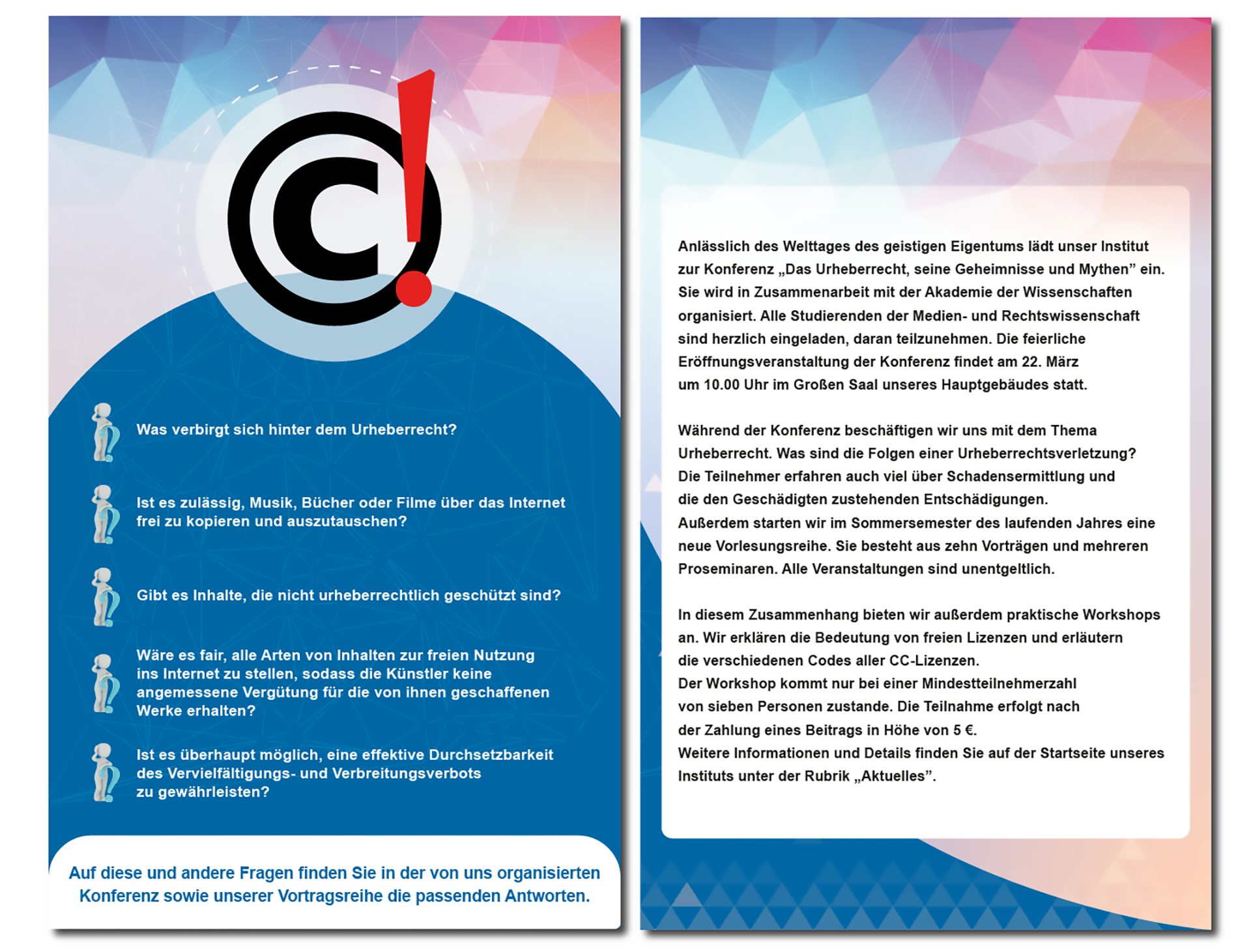 Ilustracja przedstawia dwie plansze: na pierwszej stronie, w górnym obszarze, znajduje się rysunek litery "C" w okręgu obok czerwonego wykrzyknika oraz pytania z rysunkami postaci ludzkich, a na drugiej stronie umieszczony jest tekst odpowiedzi.