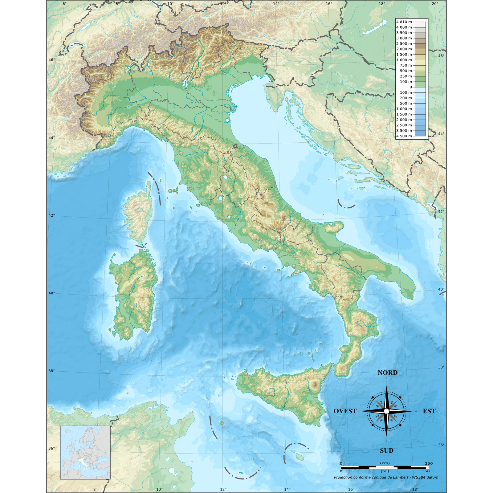 Grafika przedstawia mapę Włoch oraz różę kompasową z napisami: Nord na górze, Sud
 na dole, Est po prawej stronie, Ovest po lewej stronie.