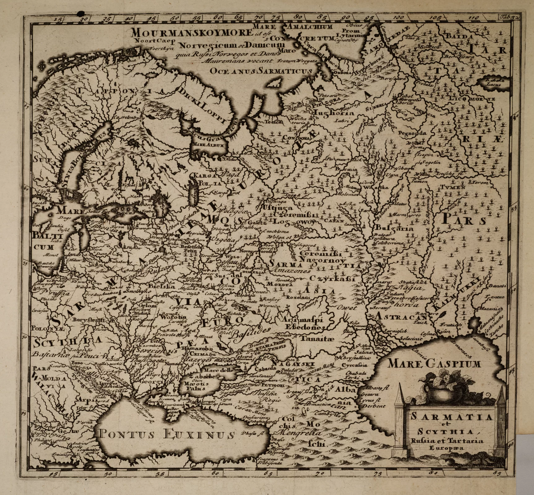 Kliknij, aby powiększyć Mapa z XVII w. Szczegółowa mapa Rosji od Bałtyku i Morza Białego po Morze Czarne i Kaspijskie. Na mapie Sarmatia. Na mapie zaznaczone góry, akweny, rzeki, nazwy państw. Użyto języka obcego.