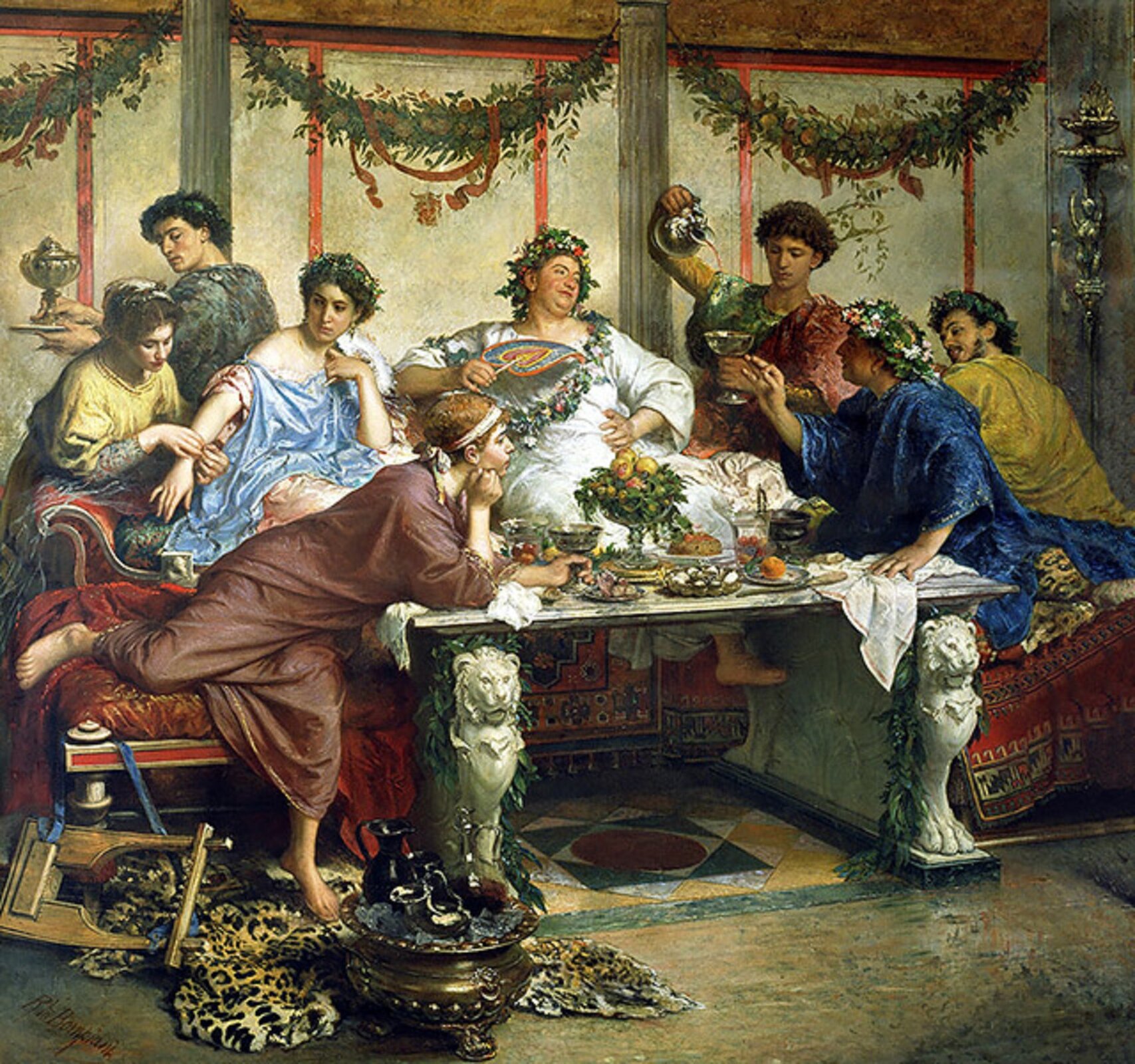 Dzieło autorstwa Roberta Bompianinego, pt. „Rzymska uczta”. Akcja obrazu dzieje się w pomieszczeniu, jadalni domu – o czym świadczą szare ściany z czerwonymi zdobieniami oraz łańcuchy wykonane z liści. W centralnej części obrazu znajduje się kamienny stół, na którym stoją półmiski z rozmaitym pożywieniem. Widoczne nogi stołu wykonane są z kamienia i posiadają zdobienie – wyrzeźbione lwy, które oplecione są wiankiem z liści. Przy stole obecnych jest osiem osób – trzy kobiety oraz pięciu mężczyzn. W centralnej części obrazu znajduje się otyły mężczyzna ubrany w białą szatę, na głowie ma wianek z kwiatów. W jednej dłoni trzyma wachlarz, zaś druga swobodnie leży na dużym brzuchu. W prawej części obrazu znajdują się trzej mężczyźni – jeden ubrany w czerwoną szatę to sługa, który nalewa gościom wino. Mężczyźni w żółtej i niebieskiej szacie to goście otyłego mężczyzny. Lewa część obrazu skupia się na kobietach oraz mężczyźnie, który obsługuje spotkanie. Dwie kobiety są znudzone spotkaniem, trzecia z zaciekawieniem spogląda na mężczyznę w niebieskiej szacie. W dolnej lewej części obrazu, stoi złoty gar wypełniony po brzegi monetami i innymi kosztownościami. Obok leży skóra dzikiego kota. 