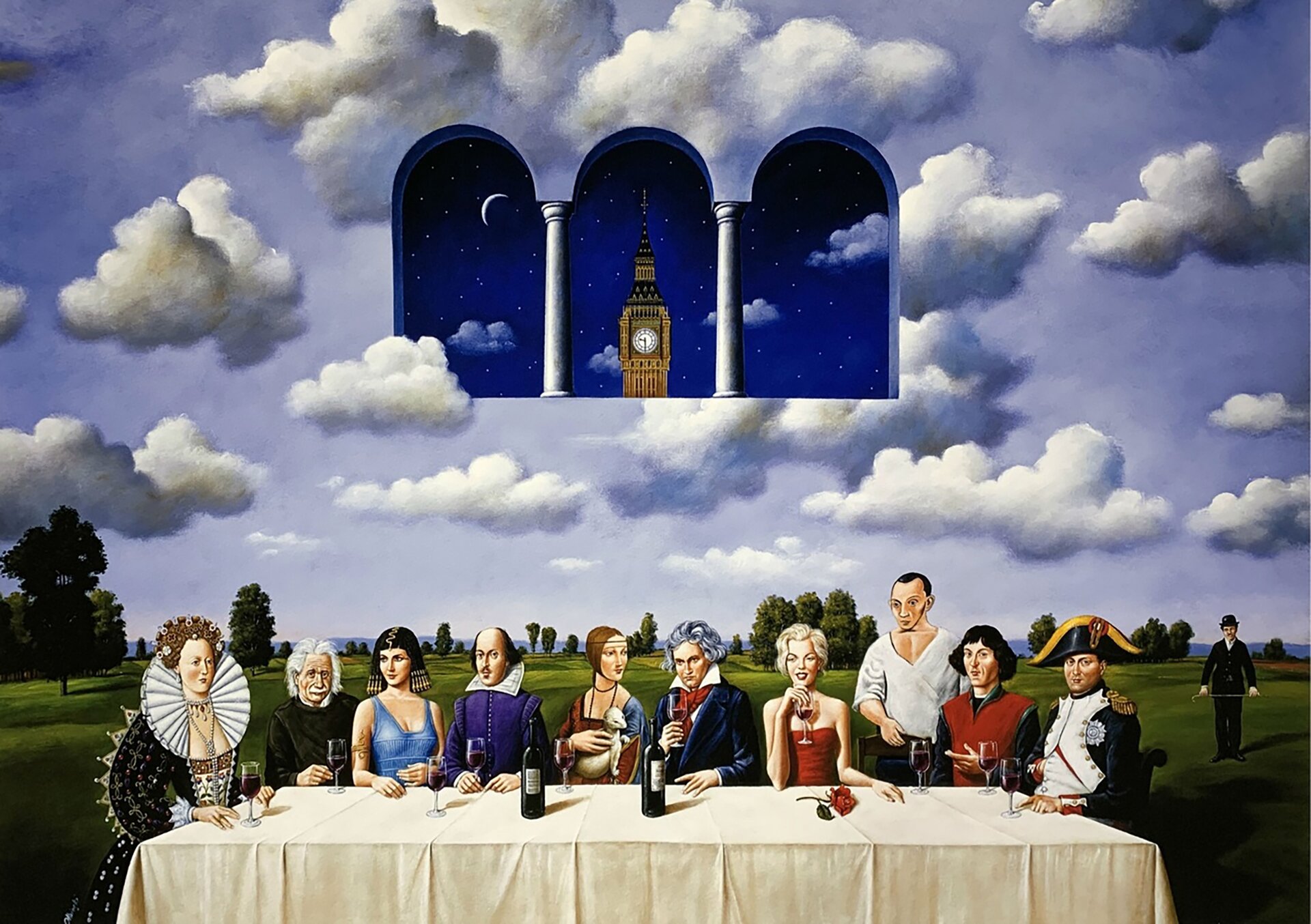 Rafał Olbiński, „Ostatnia wieczerza”. Dzieło przedstawia jedenaście postaci, z których osiem ukazano przy dalszej krawędzi stołu, dwie – przy jego bokach, a jedną - stojącą w oddali, z prawej strony dzieła. Postaci pochodzą z różnych epok, przedstawicieli różnych dziedzin życia. Na obrazie widoczni są władcy, naukowcy, malarze, muzycy, aktorzy. Izokefalizm dotyczy postaci siedzących, których głowy namalowane zostały w jednej linii. Przy większości z siedzących obecne są lampki do wina z czerwoną zawartością. Od lewej ukazano: Elżbietę I Tudor, która została przedstawiona jako postawna kobieta o różowych policzkach w bogato zdobionej sukni z obszernym kołnierzem, o upiętych, ozdobionych białymi elementami włosach; Drugą osobą jest Albert Einstein, który przedstawiony został jako szczupły mężczyzna w czarnym stroju o średniej długości siwych włosach oraz wąsach; Trzecią osobą jest Kleopatra Wielka, która została przedstawiona jako młoda kobieta o krótkich czarnych włosach w niebieskiej sukni na ramiączkach odsłaniającej dekolt oraz w złotej biżuterii; Czwartą postacią jest William Shakespeare, który został przedstawiony jako mężczyzna w średnim wieku o łysiejącej głowie, odzianego w fioletowy frak z obszernym kołnierzem; Piątą osobą jest Dama z łasiczką (z gronostajem), słynna postać z obrazu Leonardo da Vinci. Kobieta została przedstawiona w ciemnej delikatnej biżuterii oraz niebiesko‑bordowej sukni trzymającą w dłoniach łasiczkę lub gronostaja; Szóstą osobą jest Ludwig van Beethoven, który został przedstawiony jako mężczyzna o średniej długości siwych włosach, ubranego w białą koszulę, czarną marynarkę i czerwony szal przewiązany przez szyję; Siódmą postacią jest Marilyn Monroe. Została przedstawiona jako kobieta o krótkich blond włosach w czerwonej sukni bez rękawów; Ósmą postacią jest Pablo Picasso, który przedstawiony został jako stojący przy stole mężczyzna o krótkich ciemnych włosach w koszuli z dekoltem w serek; Dziewiątą osobą jest Mikołaj Kopernik przedstawiony jako gestykulujący mężczyzna o średniej długości czarnych włosach z grzywką, mającego na sobie czarną bluzkę oraz czerwony bezrękawnik; Dziesiątą postacią jest Napoleon Bonaparte, który przedstawiony został jako mężczyzna w ozdobnym nakryciu głowy oraz w mundurze, a także stojącego w oddali mężczyznę – Rene Magritte ubrany we frak i kapelusz, w dłoniach trzyma jasną laskę. Tło stanowi ciemna trawa z rosnącymi zazielenionymi drzewami, a jego większą część – jasne, zachmurzone niebo, na powierzchni którego ukazano element przypominający trzyczęściowe łukowe przejście z dwoma kolumnami, ukazujące ciemne, rozgwieżdżone, pochmurne niebo, cienki księżyc oraz, pomiędzy kolumnami, wierzchołek wieży budynku z zegarem.