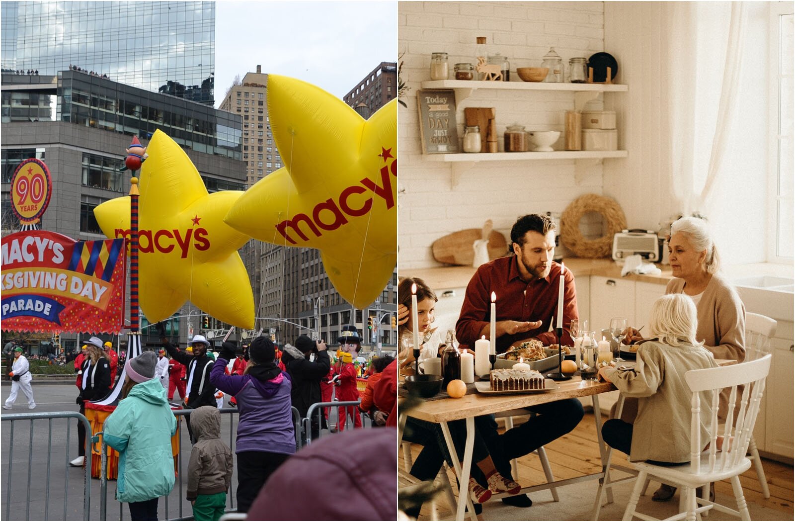 Grafika zawiera dwa zdjęcia. Po lewej widoczna parada, którą obserwuje publiczność. Nad uczestnikami unoszą się żółte, dmuchane gwiazdy z napisem macy's. Z prawej strony widoczna rodzina siedząca przy stole. Jedzą wspólnie posiłek. 