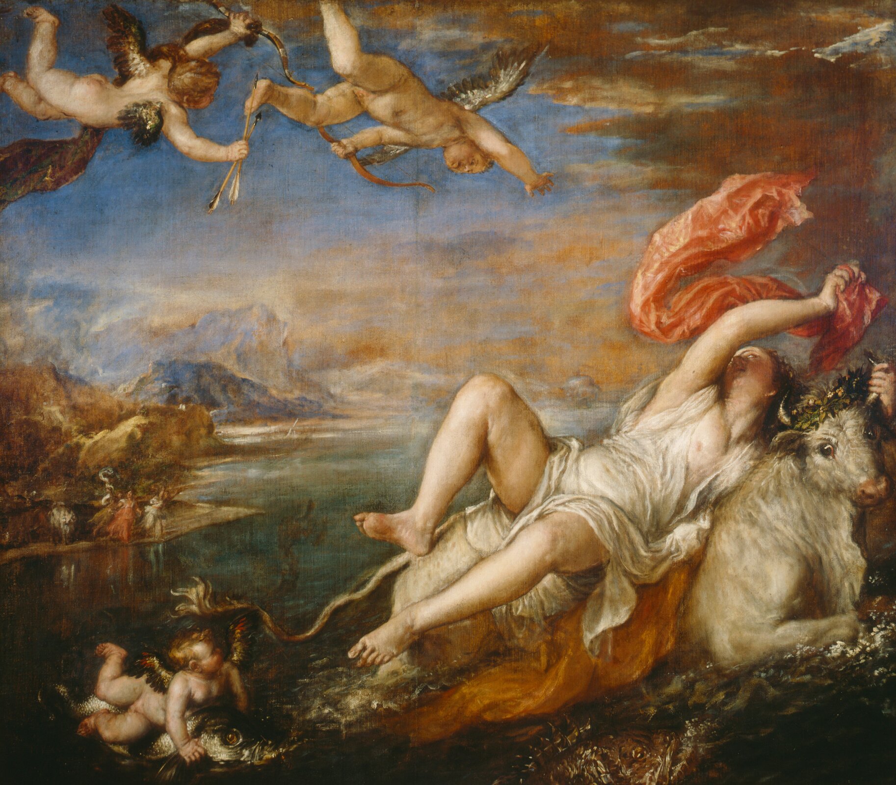 Ilustracja przedstawia obraz „Porwanie Europy” autorstwa Tycjana. Dynamiczna kompozycja ukazuje mitologiczną scenę porwania Europy przez zakochanego w niej Zeusa, który w tym celu wcielił się w postać białego byka. Scena rozgrywa się na tle morskiego pejzażu, nad którym wznoszą się ostre szczyty gór. Niebieskie niebo spowite jest brązowo-pomarańczowymi, dramatycznymi chmurami. Po prawej stronie, na dole obrazu artysta namalował płynącego, białego byka, na którego grzbiecie leży w dynamicznej pozie młoda kobieta. Dziewczyna jedną ręka trzyma się rogu zwierzęcia, jej tułów prawie ześlizguje się do wody. Ubrana jest w białą, oblepiającą ciało, mokrą szatę. W prawej dłoni powiewa czerwona materia. Za postaciami w lewym dolnym rogu malowidła płynie na rybie aniołek. Dwa skrzydlate putta z łukami i strzałami fruną również u góry na tle nieba. W oddali, na brzegu artysta namalował małe postacie kobiet ubranych w powłóczyste suknie. Obraz utrzymany jest w wąskiej, ciepłej gamie beżów i zieleni z akcentami czerwieni i błękitów.