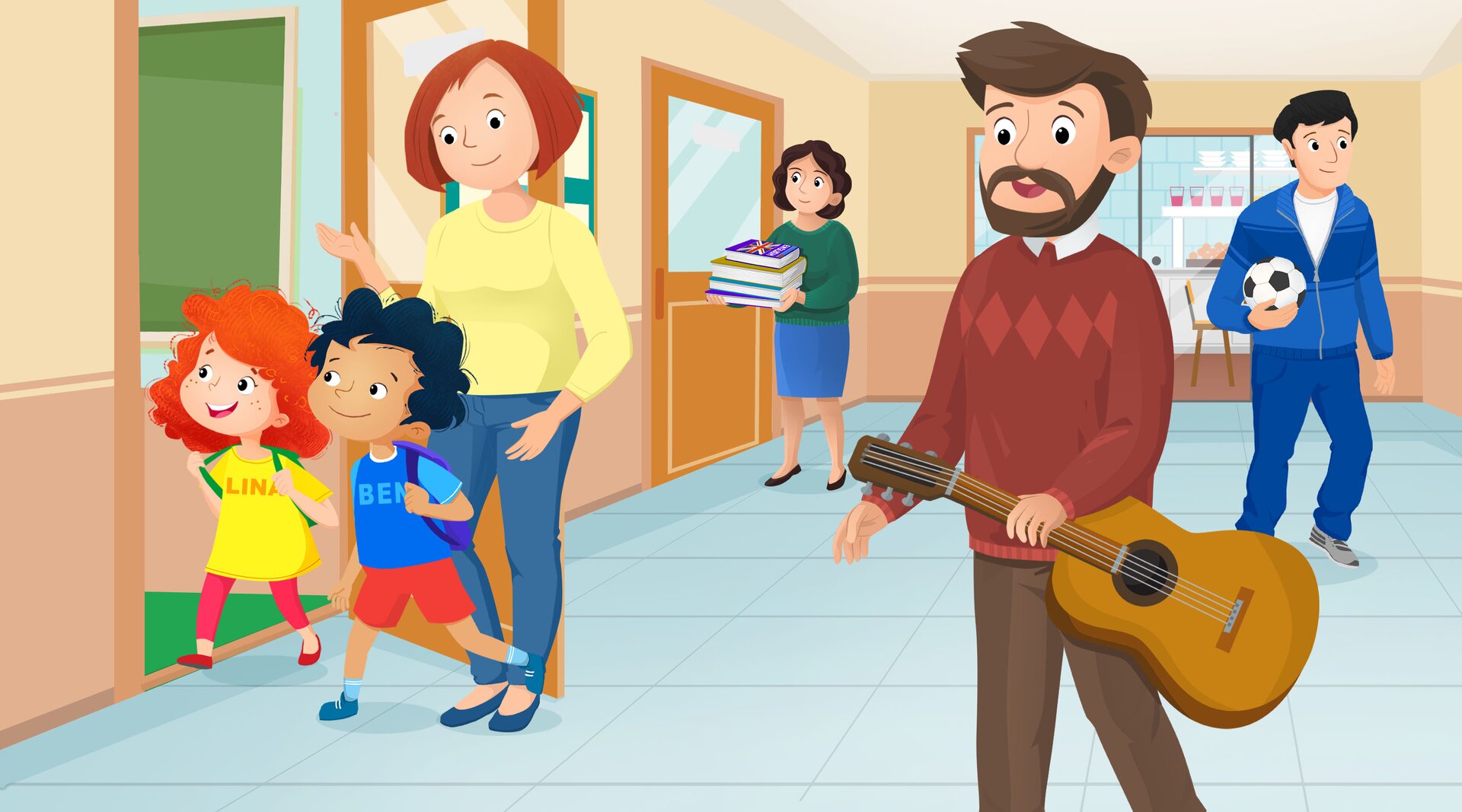 Na ilustracji widać korytarz szkolny. Dzieci wchodzą do klasy z wychowawczynią. Widoczni są również nauczycielka angielskiego, nauczyciel muzyki i nauczyciel wychowania fizycznego 