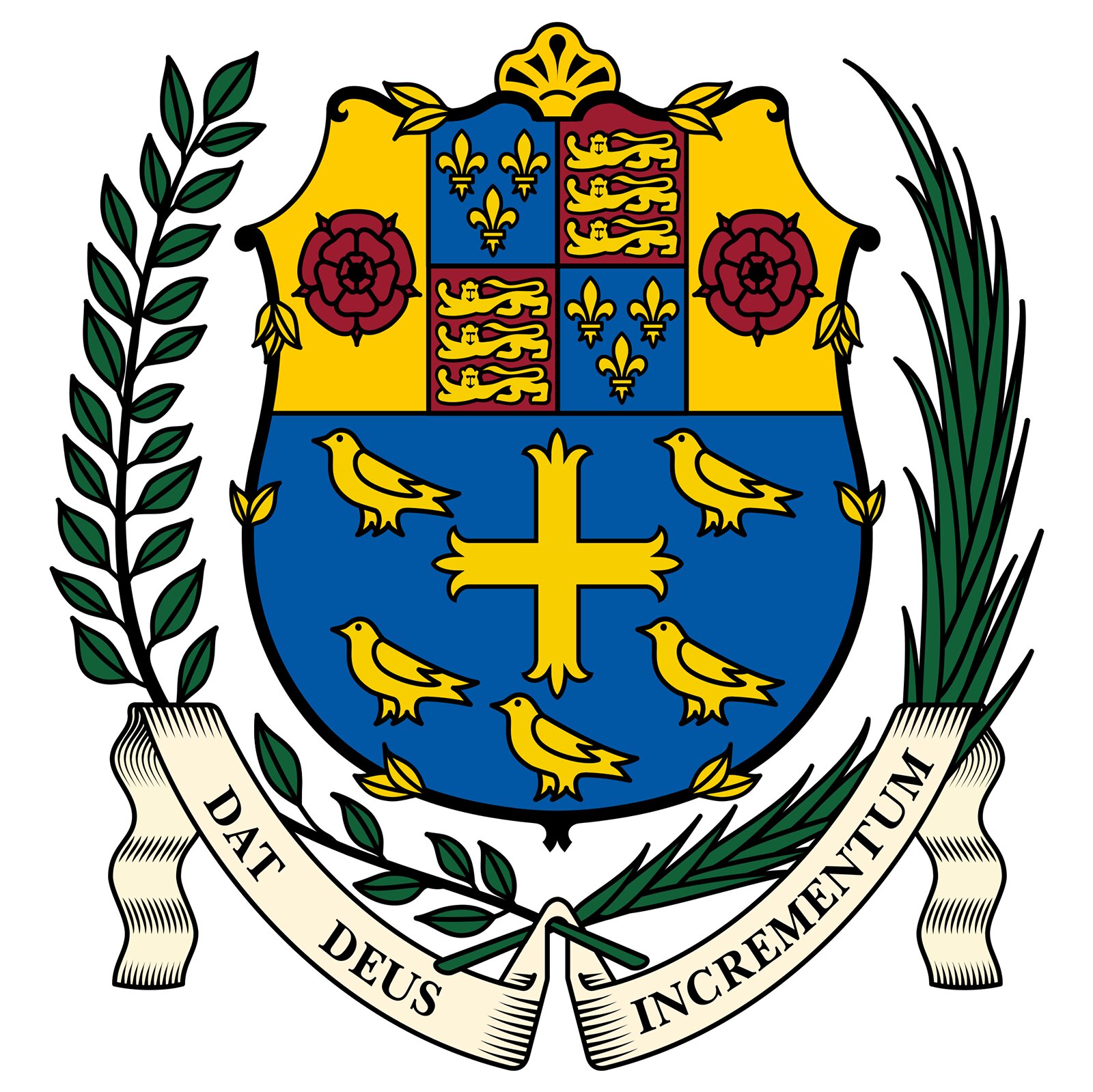 Grafika przedstawia herb szkoły Westminster, utrzymany w żółto - niebieskich barwach. W górnej części herbu znajdują się dwie czerwone róże, między którymi jest herb królewski. W dolnej części herbu jest krzyż, który ma rozszerzone końce, a wokół niego jest 5 ptaków. Pod tarczą, na okalających ją gałązkach, jest biała szarfa z napisem "DAT DEUS INCREMENTUM".