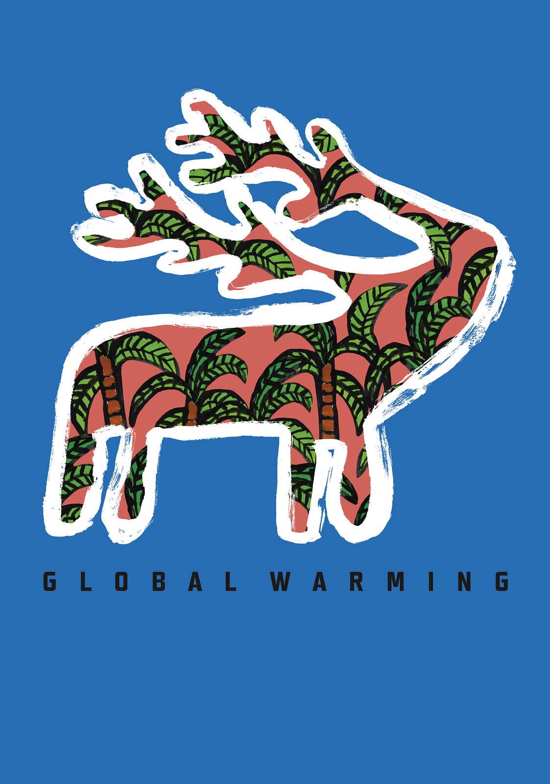 Ilustracja przedstawia plakat „ Global Warming ” [czyt. global łorming] (Globalne ocieplenie), autorstwa Joanny Frydrychowicz‑Janiak, Krzysztofa Skrzypczyka. W centrum zamkniętej kompozycji, na niebieskim tle ukazana została uproszczona sylwetka jelenia, obwiedziona grubym białym konturem. W jej wnętrzu artystka namalowała gąszcz tropikalnych drzew na czerwono‑ceglastym tle. Pod postacią zwierzęcia znajduje się czarny napis: „ Global Warming ”.
