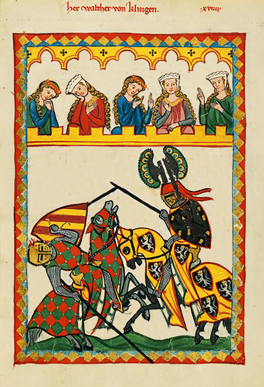 Na ilustracji przedstawiono dwóch rycerzy. Są w zwarciu, walczą kopiami. Siedzą na koniach. W górze widać pięć kobiet. Ubrane są w suknie. Mają splecione włosy w warkocze. Na głowie noszą czepce, albo obręcze. Każda z nich ma inną pozę. Gestykulują rękami, albo opierają na nich twarz w pozycji zatroskania. 