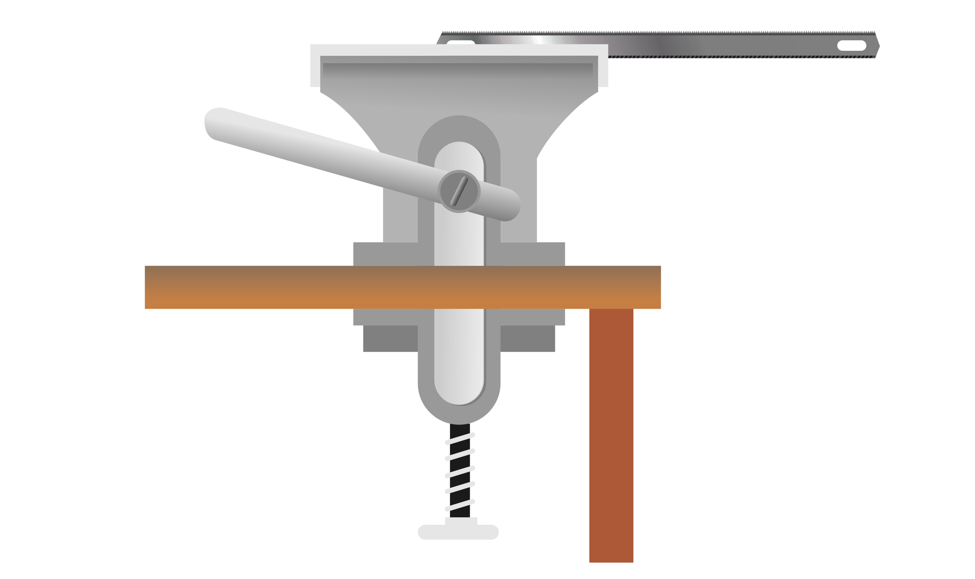 Ilustracja przedstawia imadło przykręcone do poziomego blatu stołu. Białe tło. Imadło ma kształt szarej pionowej bryły rozszerzającej się ku górze. Na dole tej bryły widoczny pręt z zaznaczoną linią śrubową. Na środku bryły widoczny pręt ze śrubą przytwierdzającą go do bryły.  W imadle zakleszczony jeden z końców brzeszczotu piły do metalu.