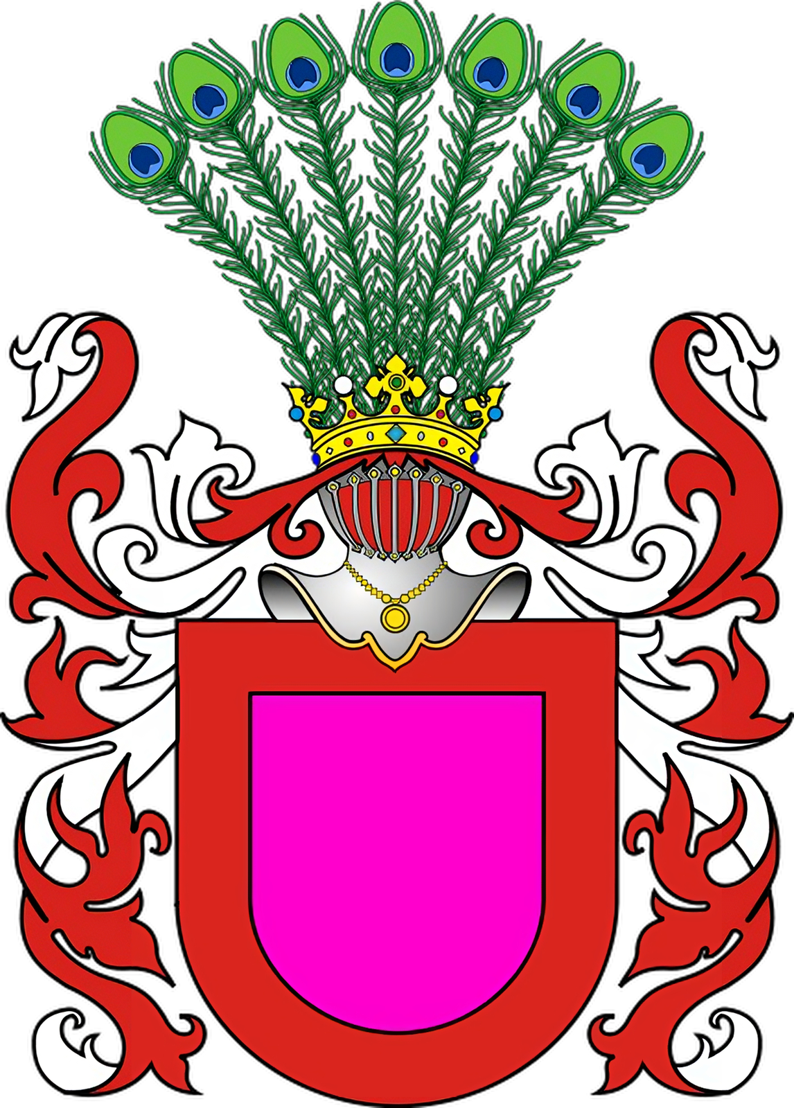 Na ilustracji herb, który ma w czerwonym polu fioletową tarczę. Ponad nią jest hełm w koronie oraz pawi ogon, który wychodzi z korony. Po obu stronach tarczy są wychodzące z hełmu lambry, mające kształt wielkich wyszczerbionych liści o barwach biało‑czerwonych.