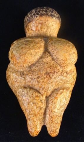 Ilustracja przedstawia paleolityczną rzeźbę „Wenus z Willendorfu” na czarnym tle. Figurka przedstawia kobiecą postać o bardzo wydatnym biuście, rozrośniętym brzuchu i krótkich nogach o silnie rozbudowanych udach. Rzeźbę wyróżnia ozdobna fryzura, przypominająca drobne loczki oraz wątłe, złożone na biuście ręce. Figurka wykonana jest z kamienia kredowego i pomalowana czerwoną ochrą.