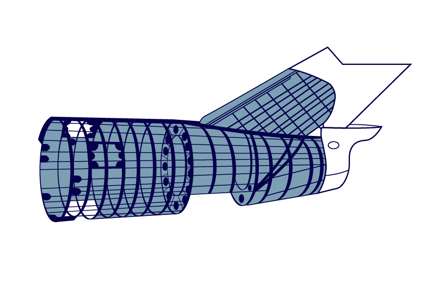 Ilustracja przedstawia konstrukcję belkową kadłuba samolotu. W konstrukcji wyraźnie zaznaczone są wręgi, czyli elementy poprzeczne samolotu mające kształt okręgów. Oraz podłużnice, które przylegają do pokrycia samolotu. 