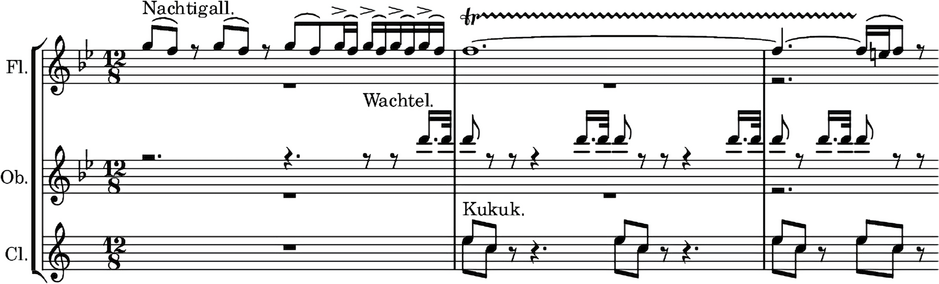 Grafika przedstawia fragment partytury VI symfonii F‑dur op. 68 „Pastoralnej” autorstwa kompozytora Ludwiga van Beethovena [czytaj: ludwika wan betowena].  Utwór jest napisany w metrum dwanaście ósmych, w tonacji B‑dur. W partyturze zapisano partie fletów, obojów oraz klarnetów. Wszystkie dźwięki znajdują się w obrębie oktaw dwukreślnej oraz trzykreślnej i są zapisane w kluczach wiolinowych. Partia klarnetów jest zapisana bez transpozycji do C.W partii fletów w takcie pierwszym na pierwszą miarę zapisano ósemkę g, a następnie ósemkę f, obie w artykulacji legato; dalej następuje pauza ósemkowa i ponownie ósemki g oraz f i następna pauza ósemkowa. Następnie grane są kolejno: ósemki g oraz f z artykulacją legato, szesnastki g oraz f z artykulacją legato oraz akcentem na pierwszy dźwięk, a dalej trzy razy ponownie dwie szesnastki g oraz f z artykulacją legato oraz akcentem na pierwszy dźwięk. Drugi z fletów ma zapisaną pauzę generalną. W takcie drugim pierwszy z fletów gra całą nutę z kropką f, przedłużoną do taktu kolejnego; zapisano również tryl. Drugi z fletów ma zapisaną pauzę generalną. W takcie trzecim na początku zapisano ćwierćnutę z kropką f, przedłużoną z poprzedniego taktu i przedłużoną o szesnastkę; dalej grana jest szesnastka e oraz ósemka f z artykulacją legato, a na koniec zapisano pauzę ósemkową. Drugi z fletów ma zapisaną pauzę generalną. Nad partią fletów zapisano słowo ‘Nachtigall’ oznaczające słowika, którego śpiew imitować ma flet.W partii obojów w takcie pierwszym zapisano pauzy: półnutową z kropką, ćwierćnutową z kropką oraz dwie ósemkowe, a następnie szesnastkę z kropką d oraz trzydziestkodwójkę d. Drugi z obojów ma zapisaną pauzę generalną. W drugim takcie na pierwszą miarę grana jest ósemka d, następnie dwie pauzy ósemkowe i jedna ćwierćnutowa, a dalej szesnastka z kropką d oraz trzydziestkodwójka d i ósemka d, ponownie dwie pauzy ósemkowe i jedna ćwierćnutowa, a następnie szesnastka z kropką d oraz trzydziestkodwójka d. Drugi z obojów ma zapisaną pauzę generalną. W trzecim takcie na pierwszą miarę grana jest ósemka d, następnie pauza ósemkowa i szesnastka z kropką d oraz trzydziestkodwójka d, ponownie dwie pauzy ósemkowe i jedna ćwierćnutowa, a następnie szesnastka z kropką d, trzydziestkodwójka d oraz ósemka d, a dalej dwie pauzy ósemkowe. Drugi z obojów ma zapisaną pauzę generalną. Nad partią obojów zapisano słowo ‘Wachtel oznaczające przepiórkę, której śpiew imitować ma obój.W partii klarnetów w takcie pierwszym zapisano pauzę generalną. W drugim takcie grane są ósemki d oraz b, a następnie pauza ósemkowa oraz ćwierćnutowa z kropką, a dalej ponownie ósemki d oraz b, a następnie pauza ósemkowa oraz ćwierćnutowa z kropką. W takcie trzecim grane są ósemki d oraz b, a następnie pauza ósemkowa; dalej ponownie grane są ósemki d oraz b, a następnie pauza ósemkowa. Nad partią klarnetów zapisano słowo ‘Kukuk‘ oznaczające kukułkę, której śpiew imitować mają klarnety.