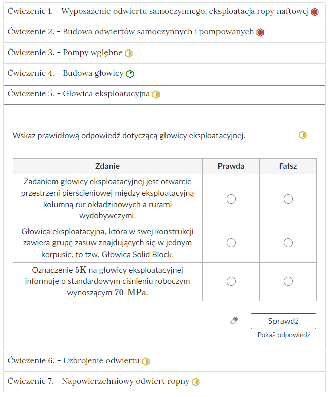 Zdjęcie przedstawia otwartą zakładkę z przykładowym zadaniem. Pod nazwą zakładki znajduje się polecenie. Pod poleceniem widać treść zadania z odpowiedziami do wyboru. Po prawej stronie polecenia widać żółty sześciokąt. Poniżej zadania, po prawej stronie panelu znajduje się ikona sprawdź. Po jej lewej stronie widać symbol gumki. Poniżej przycisku sprawdź znajduje się napis pokaż odpowiedź.
