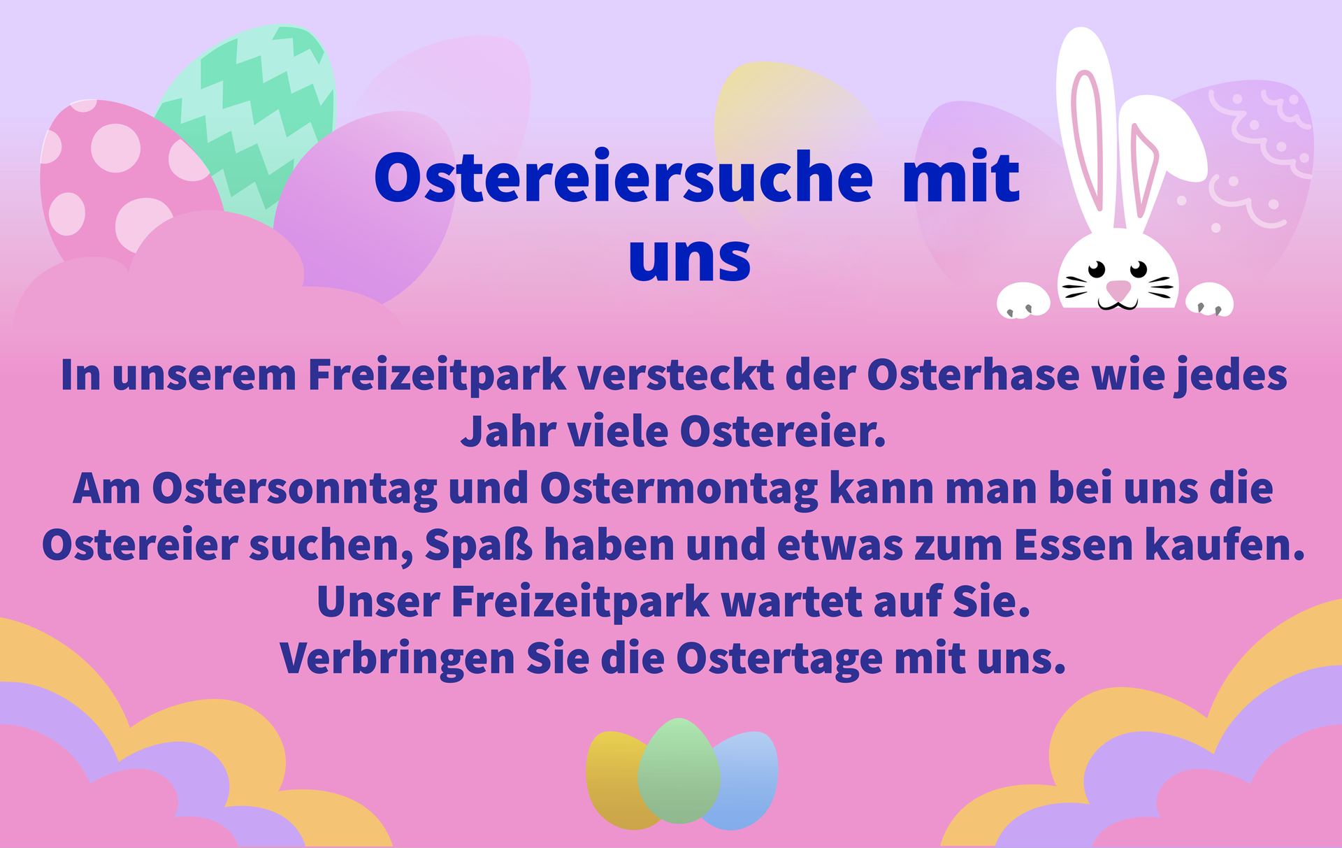Ilustracja przedstawia wielkanocną ulotkę w różowej kolorystyce. Wokół tekstu umieszczono króliczka i pisanki. Transkrypcja tekstu dostępna jest poniżej.