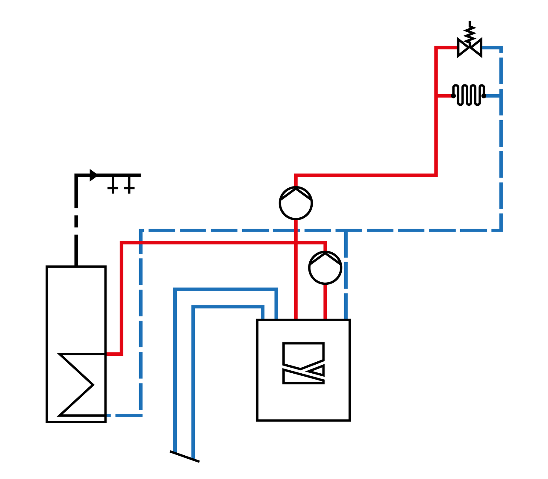 Grafika przedstawia schemat instalacji z gruntową pompą ciepła, jednym obiegiem grzewczym bez mieszacza i z podgrzewem ciepłej wody użytkowej. Opis schematu znajduje się w poniższym tekście.