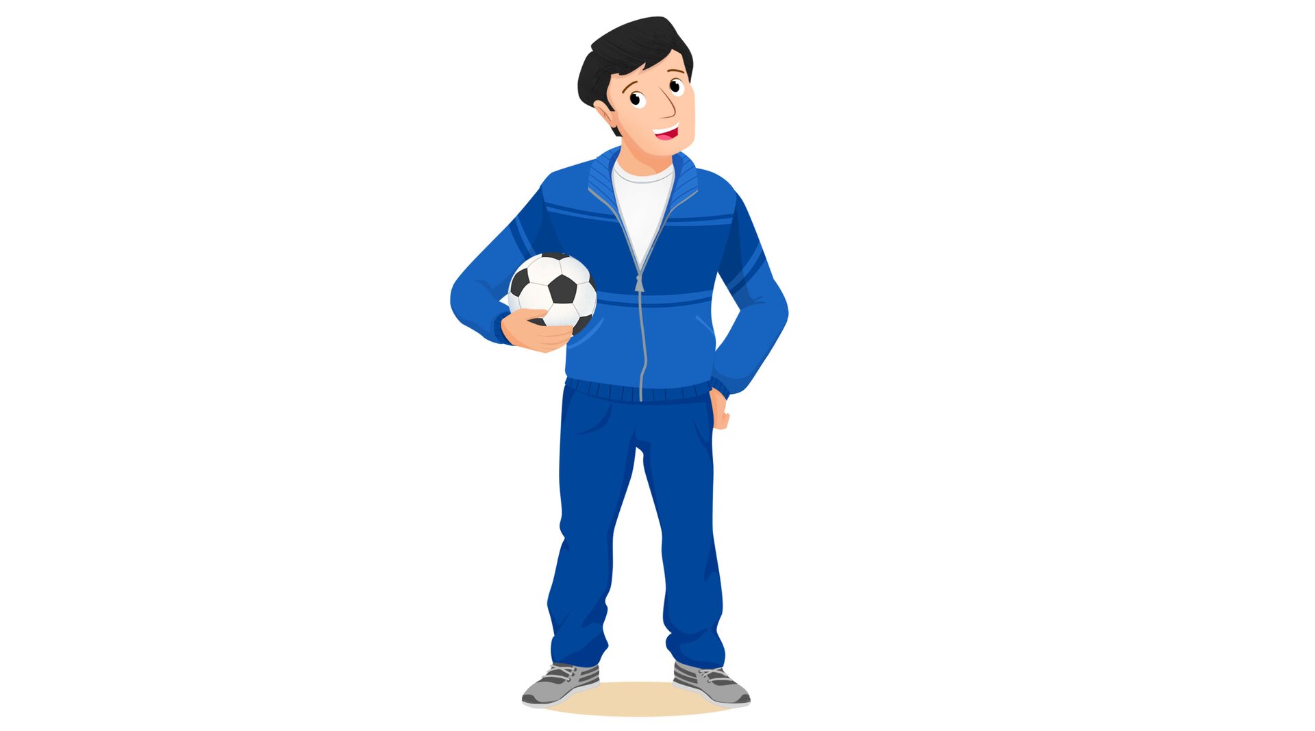 Ilustracja mężczyzny sportowo ubranego z piłką do piłki nożnej w ręce.