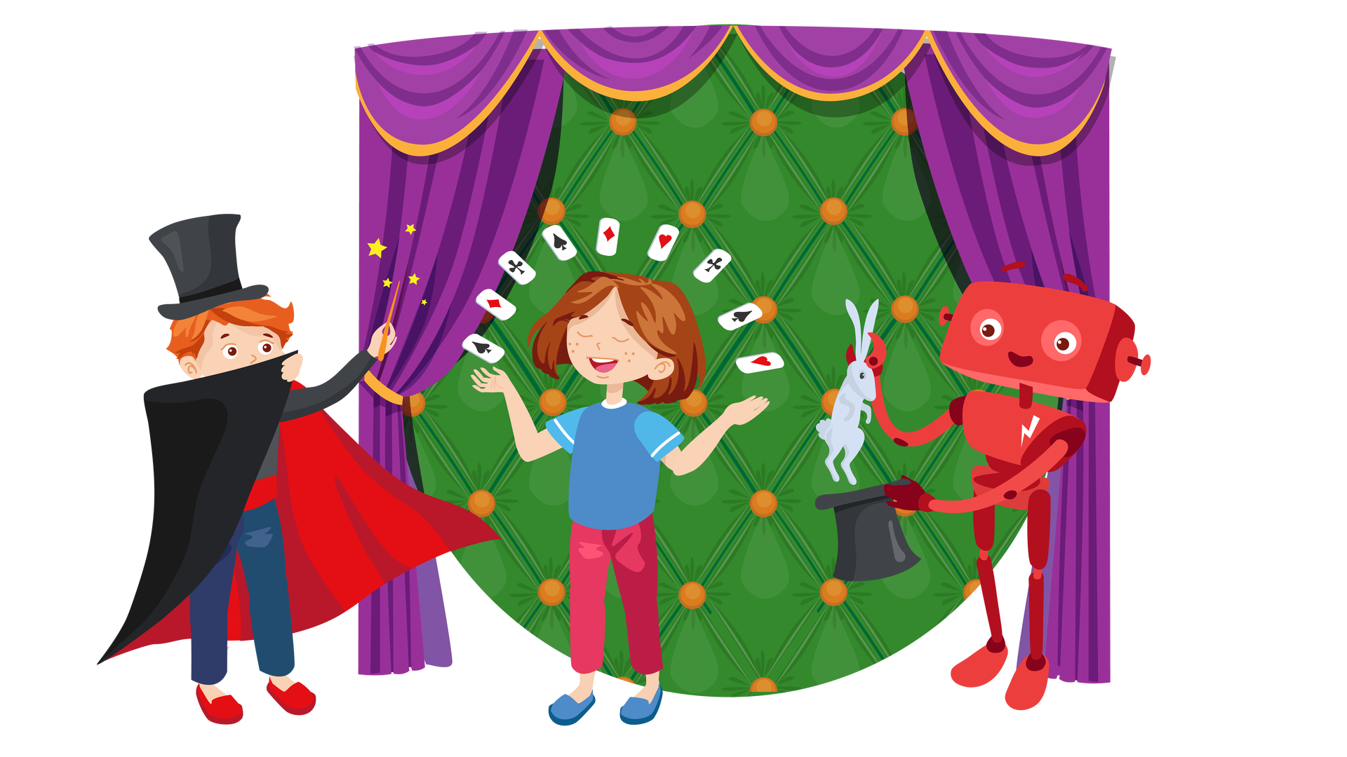 Ilustracja przedstawia ścianę, obitą zielonym materiałem z pomarańczowymi guzikami, dookoła której są rozwieszone fioletowe kotary. Po lewej stronie stoi Franek w przebraniu iluzjonisty. Na głowie ma czarny kapelusz. Jego plecy są okryte czarno‑czerwoną peleryną, którą chłopiec częściowo zakrywa swoją twarz. W lewej dłoni trzyma różdżkę. Na środku stoi Maja. Ręce ma rozłożone na boki, oczy zamknięte. Nad jej głową unosi się dziewięć kart. Po prawej stronie stoi uśmiechnięty Zgrzytek. Jest to czerwony robot o prostokątnej głowie z krótkimi antenkami zamiast uszu, dwiema rękami i dwiema nogami. Na przedniej części jego tułowia widnieje biały znaczek w postaci błyskawicy. Zgrzytek w lewej ręce trzyma czarny kapelusz, z którego prawą ręką wyciąga białego królika.