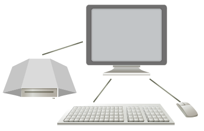 Schematyczny rysunek przedstawia stanowisko wideokodowania VCD (Video Coding Desk). Stanowisko składa się z klawiatury, myszki, ekranu komputera oraz urządzenia służącego do wideokodowania. 