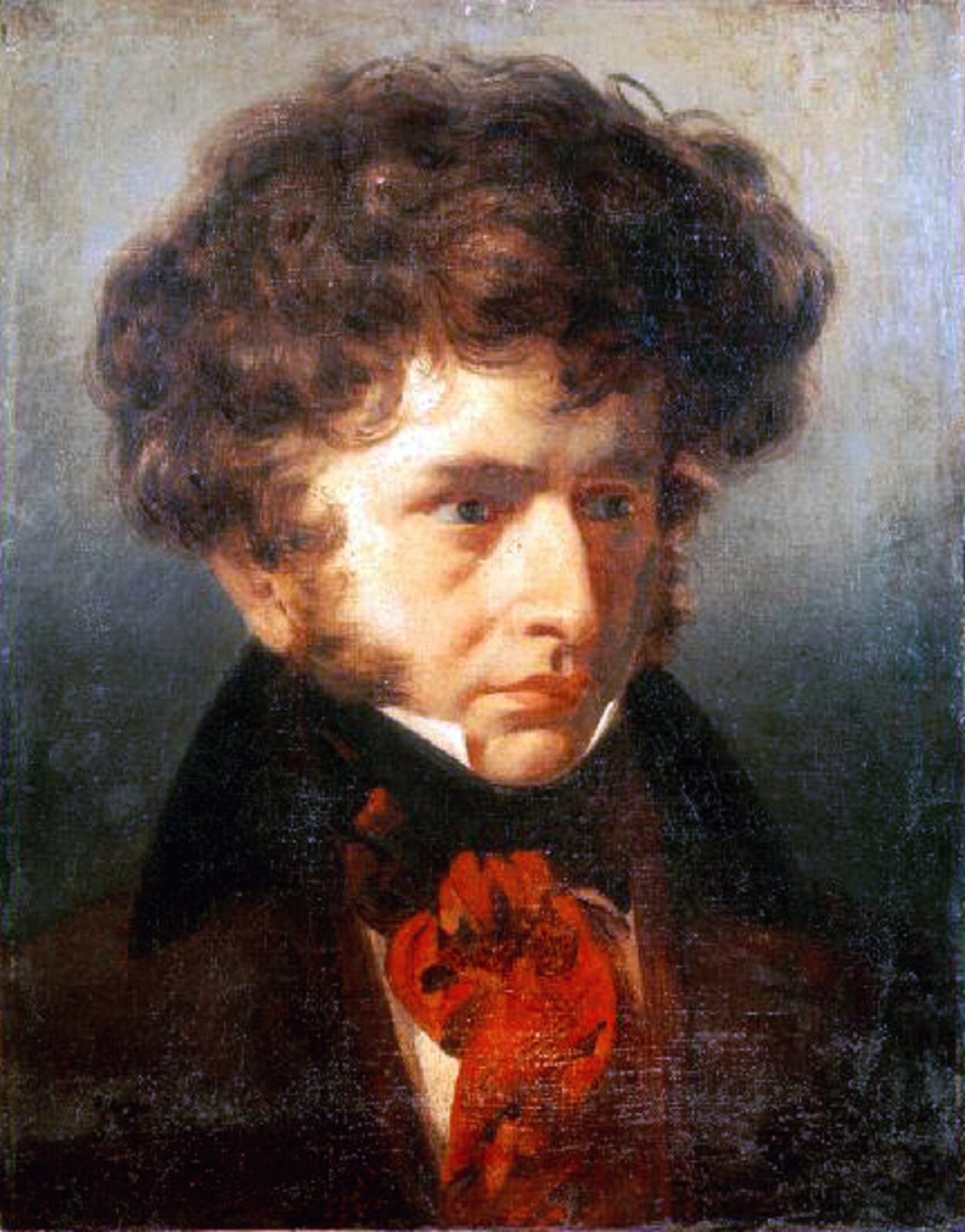 Ilustracja przedstawia Hectora Berlioz. Młody mężczyzna ubrany elegancko w białą koszulę, czerwoną apaszkę i bordową marynarkę. Fryzurę ma bujną, długie, kręcone włosy. Berlioza wpatruje się ze skupieniem w jeden punkt.