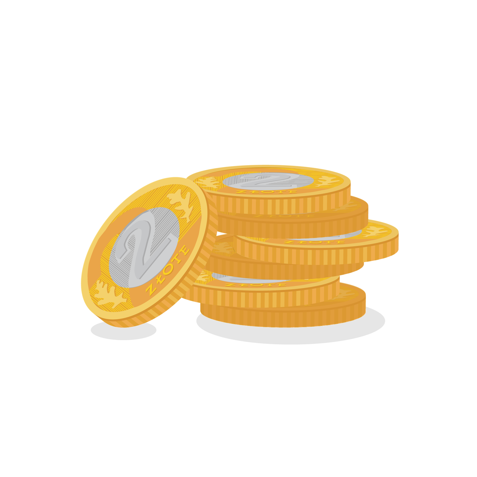 Ilustracja przedstawia monety dwuzłotowe. Sześć monet ułożonych jest jedna na drugiej, natomiast siódma moneta stoi oparta o nie. Monety mają obramówkę w kolorze złotym i środek w kolorze srebrnym.