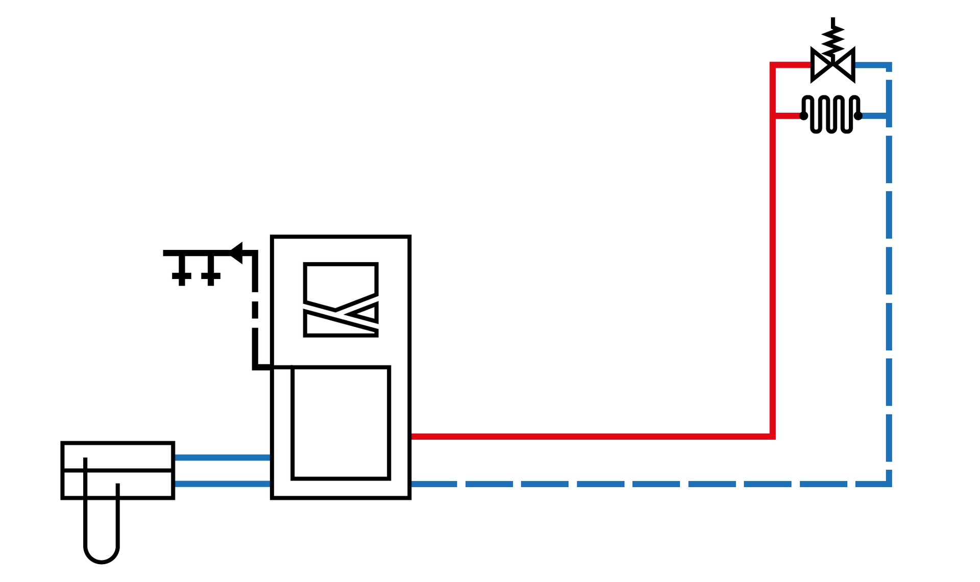 Grafika przedstawia schemat instalacji z gruntową pompą ciepła, jednym obiegiem grzewczym bez mieszacza i z podgrzewem ciepłej wody użytkowej. Opis schematu znajduje się w poniższym tekście.