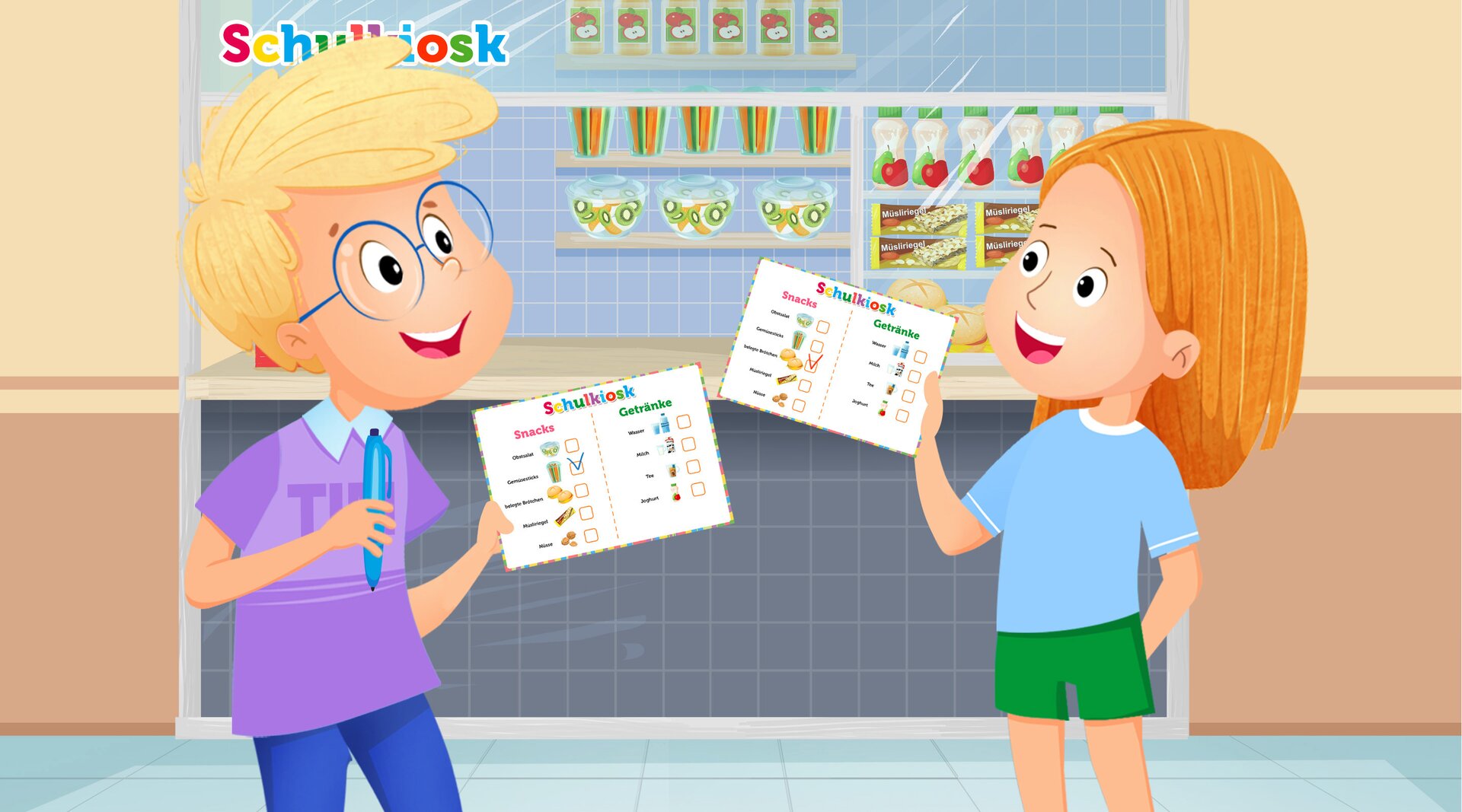 Ilustracja dwójki dzieci rozmawiających ze sobą. Za sobą mają ladę z produktami a w rękach menu.