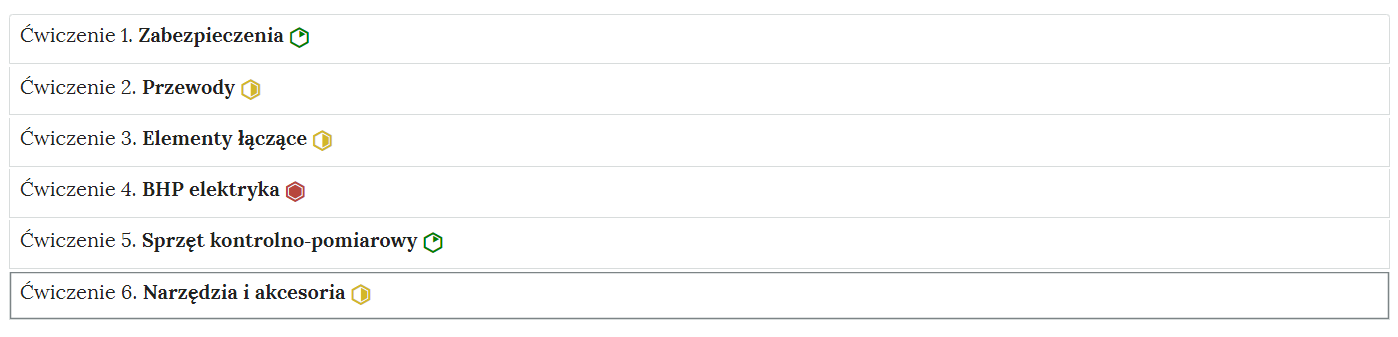 Zdjęcie przedstawia przykładowy wygląd zakładek zawierających interaktywne materiały sprawdzające. Składają się one z prostokątnych paneli umieszczonych jeden pod drugim. Jest ich sześć. Każdy panel posiada numer oraz tytuł, który nawiązuje do zawartego w nim zadania.