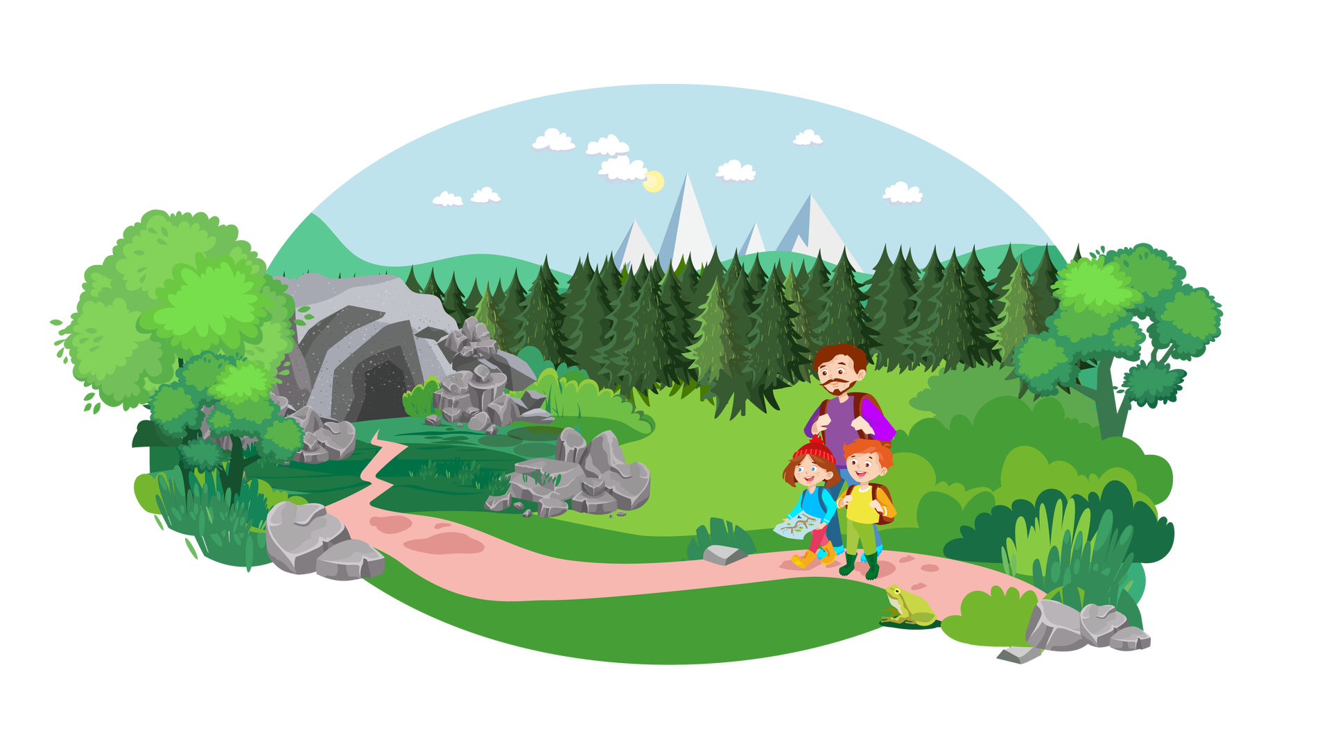 Ilustracja przedstawia krajobraz górski. W tle widać wysokie góry oraz błękitne niebo ze słońcem i chmurami. Na drugim planie znajduje się las iglasty. Na środku ilustracji jest zielona polana, na której rośnie kilka zielonych krzewów i drzew liściastych. Po lewej stronie jest jaskinia. Obok wejścia do jaskini leży sterta szarych kamieni. Na pierwszym planie znajduje się ścieżka. Po jej lewej stronie idą Maja i Franek z tatą. Maja jest ubrana w czerwoną czapkę z pomponem, niebieską bluzę z długimi błękitnymi rękawami, długie ciemnoróżowe spodnie i wysokie pomarańczowe buty. Na plecach niesie granatowy plecak, a w rękach trzyma rozłożoną mapę. Franek jest ubrany w żółtą bluzę z długimi pomarańczowymi rękawami, długie jasnozielone spodnie i wysokie ciemnozielone buty. Na plecach niesie brązowy plecak. Tata jest ubrany w fioletową bluzę z długimi rękawami, długie granatowe spodnie i błękitne buty. Na plecach niesie brązowy plecak. Wszyscy spoglądają w kierunku wejścia do jaskini.