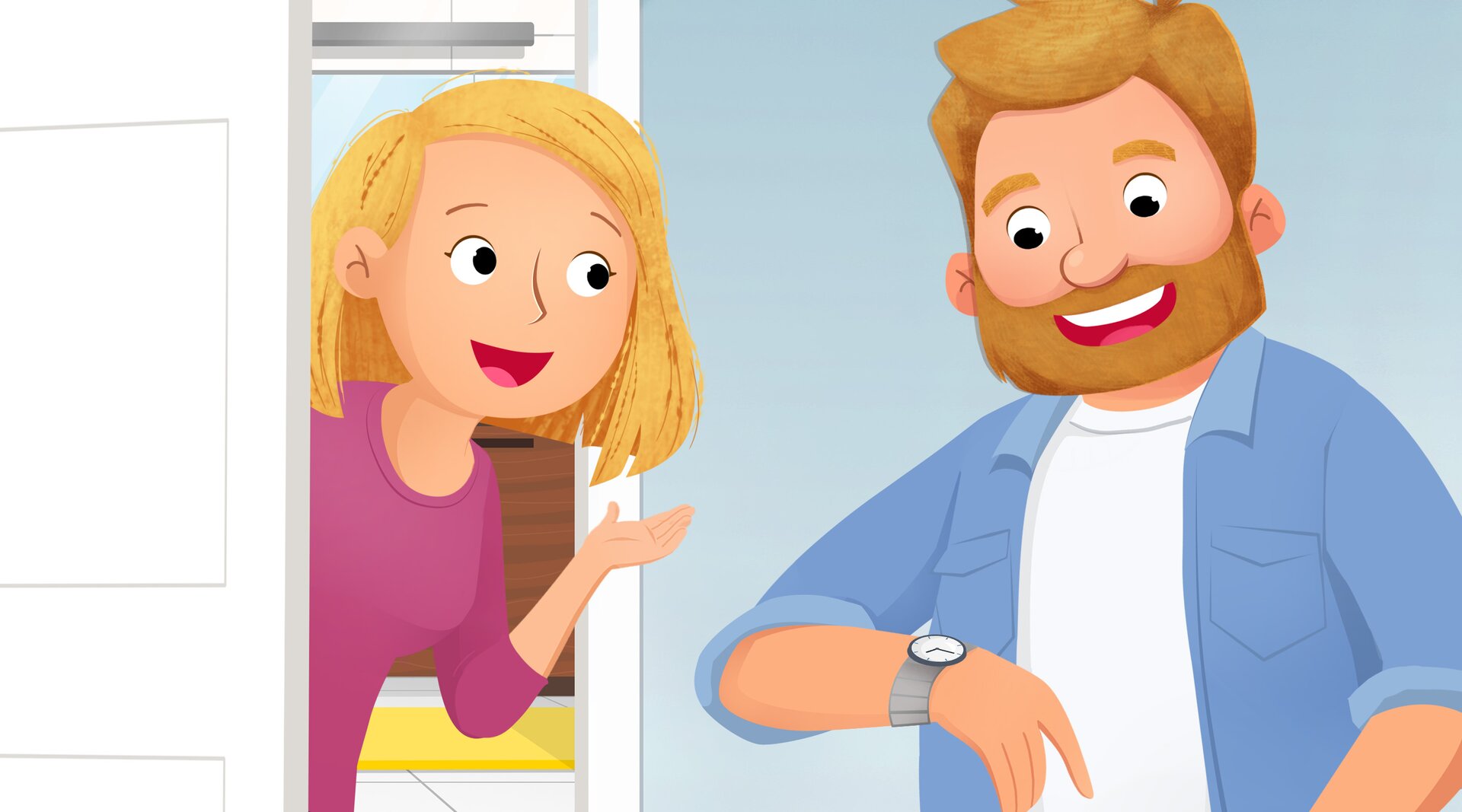 Ilustracja przedstawia kobietę pytającą mężczyznę, która jest godzina.