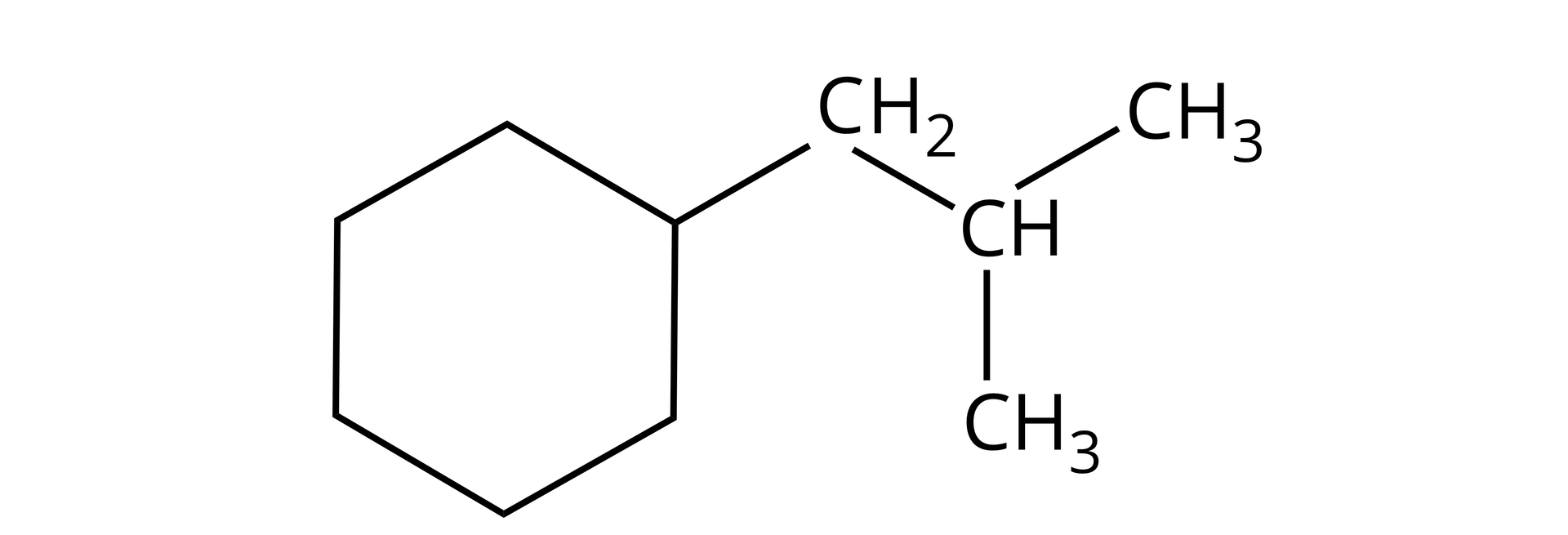 Ilustracja przedstawiająca (2‑metylopropylo)cykloheksan, który to zbudowany jest z sześcioczłonowego nasyconego pierścienia, który to podstawiony jest grupą CH2, która to łączy się z grupą CH związaną z dwiema grupami CH3.