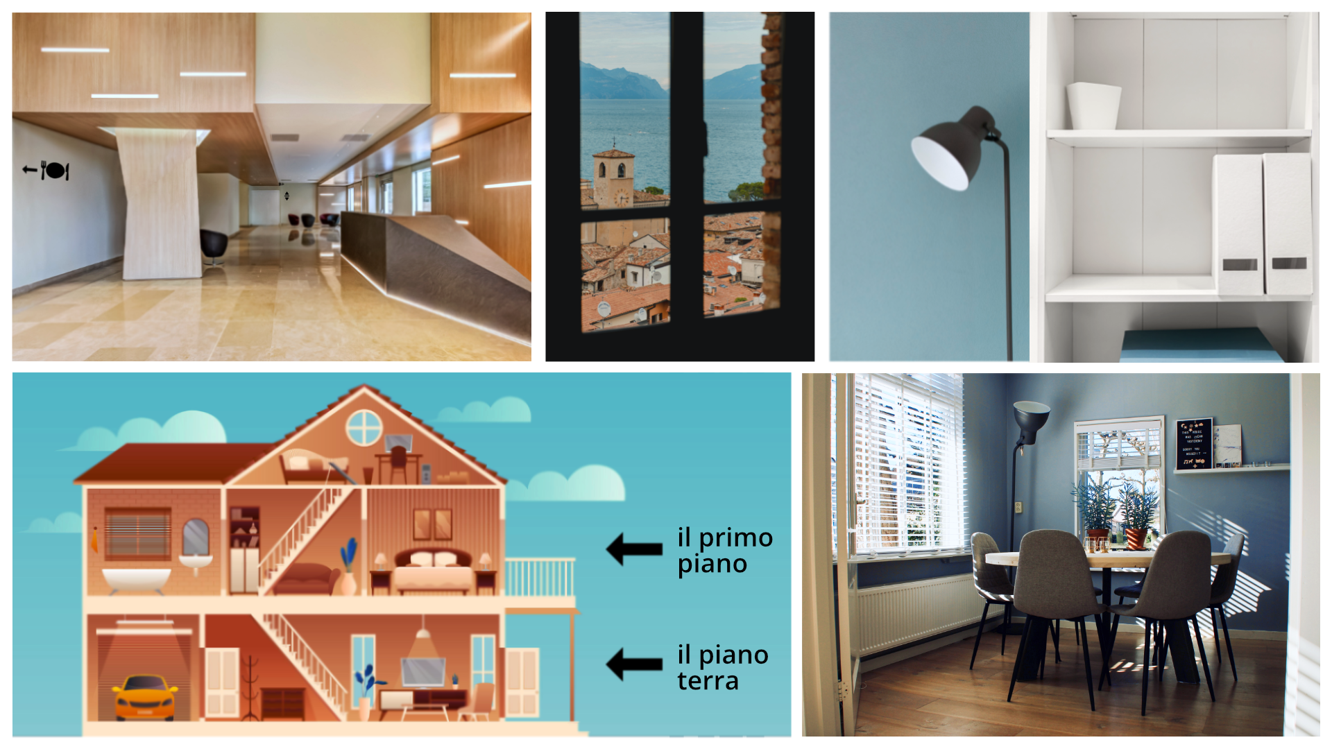 Ilustracja składa się z pięciu zdjęć. Zdjęcie po lewej u góry przedstawia hol w hotelu. Zdjęcie środkowe u góry przedstawia widok z okna. Zdjęcie po prawej u góry przedstawia lampę i znajdujący się obok regał. Zdjęcie po lewej na dole przedstawia przekrój budynku. Obok budynku znajdują się napisy ze strzałkami wskazującymi parter i pierwsze piętro: "il piano terra" i "il primo piano". Zdjęcie po prawej na dole przedstawia pokój, w którym znajduje się stół i cztery krzesła.