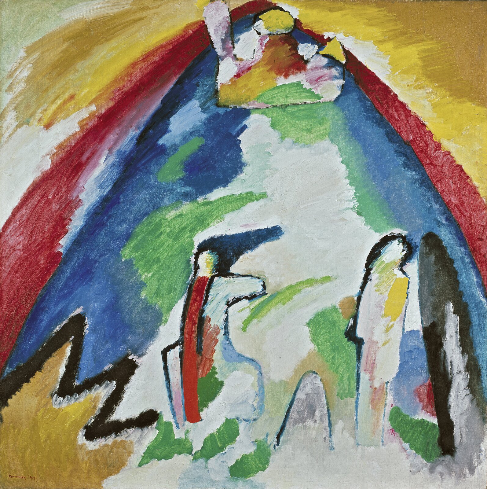 Dzieło Wassily Kandinsky pod tytułem „Góra” przedstawia abstrakcyjny obraz prezentujący wielokolorową górę, obok której stoją dwie postacie. Warstwy góry są beżowe, zielone, niebieskie oraz czerwone. Kolorowe postacie widoczne są obok jasnych kamieni, stoją u podnóża góry. Z lewej strony, na dole, widać pomarańczowy przedmiot z trzema trójkątnymi wypustkami. U szczytu góry umieszczono fragment przypominający kolorowe skały. Niebo jest żółto‑beżowe.