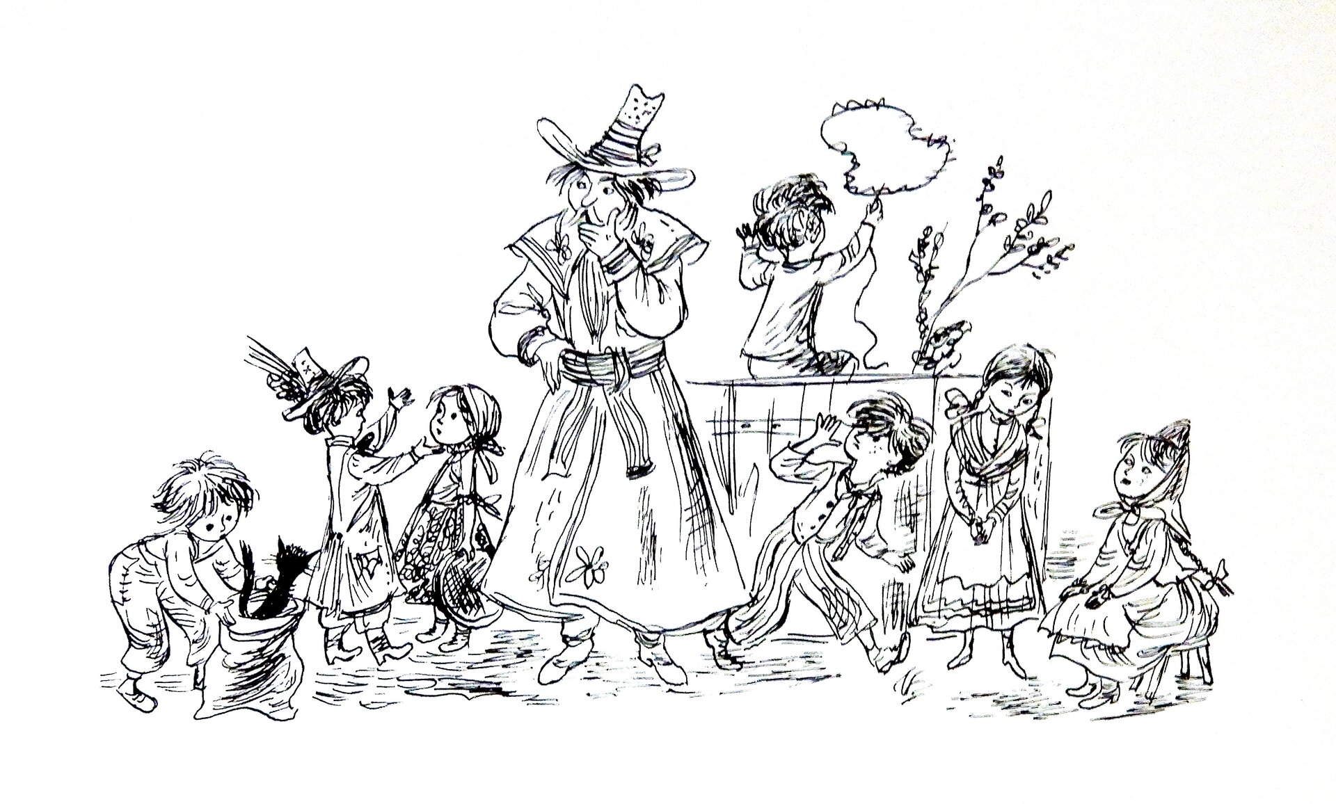 Ilustracja przedstawia pracę Jana Marcina Szancera z książki Jana Brzechwy "Brzechwa dzieciom. Ukazuje mężczyznę z gromadką dzieci. Pośrodku stoi mężczyzna ubrany w kapelusz i przewiązany pasem płaszcz. Dzieci dokoła bawią się - chłopiec po lewej wkłada kota do worka, drugi siedzi na płocie z prawej strony i kręci lassem, a trzeci biegnie na środku. Dwie pary dziewczynek po bokach rozmawiają.