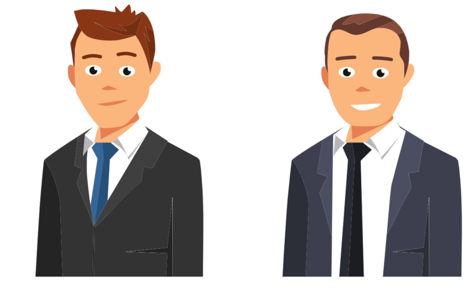 Ilustracja przedstawia dwóch uśmiechniętych chłopców - nastolatków w garniturach. Każdy z nich ma na sobie białą koszulę z krawatem. 