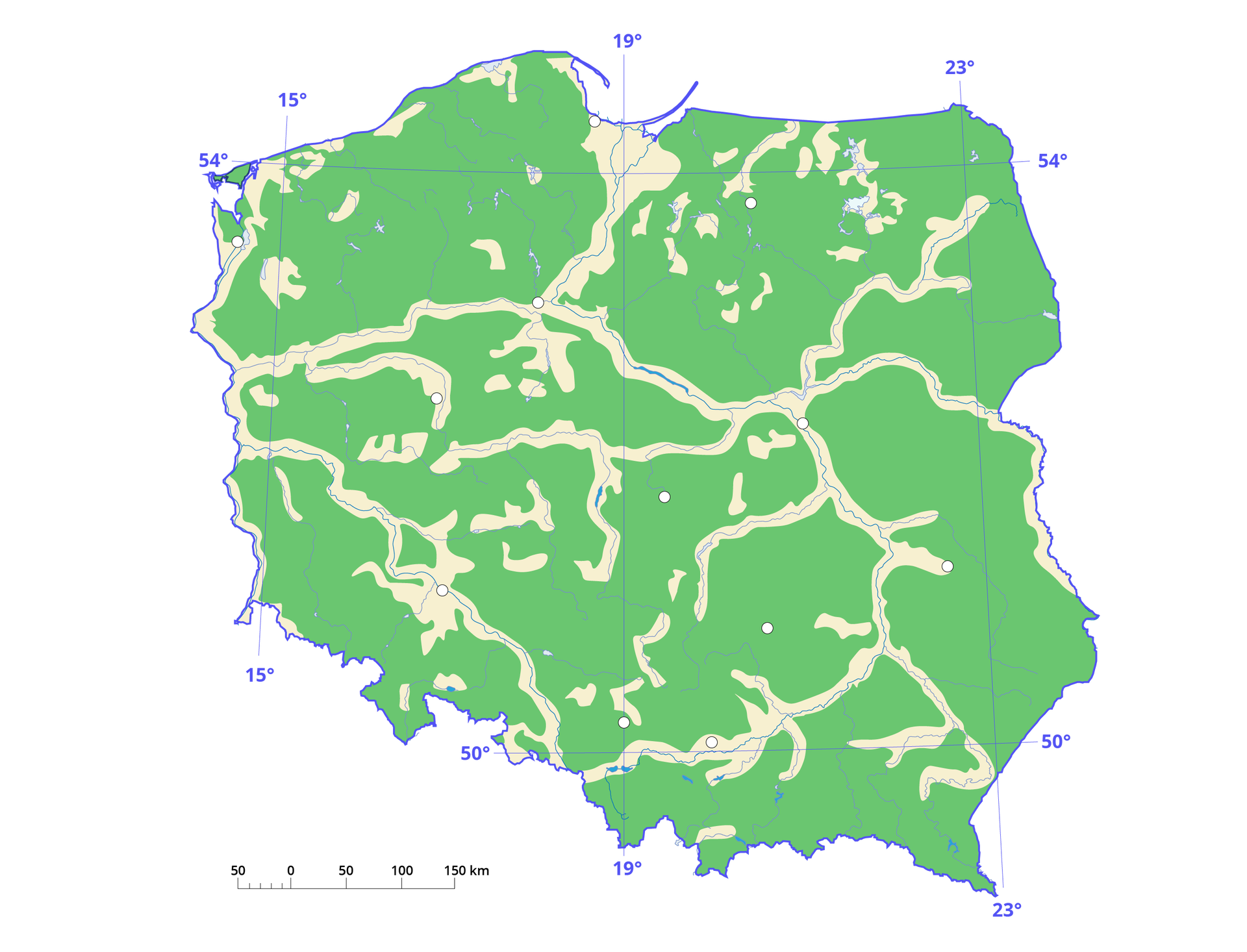 Mapa Polski prezentująca powierzchnię lasów w dziesiątym wieku. Kontury państwa oznaczono kolorem granatowym, lasy kolorem zielonym, obszary niezalesione kolorem kremowym. Zdecydowana większość powierzchni to obszary zalesione. Obszary bez lasów rozciągają się głównie wzdłuż największych rzek, a także wokół części jezior w północno wschodniej części kraju.