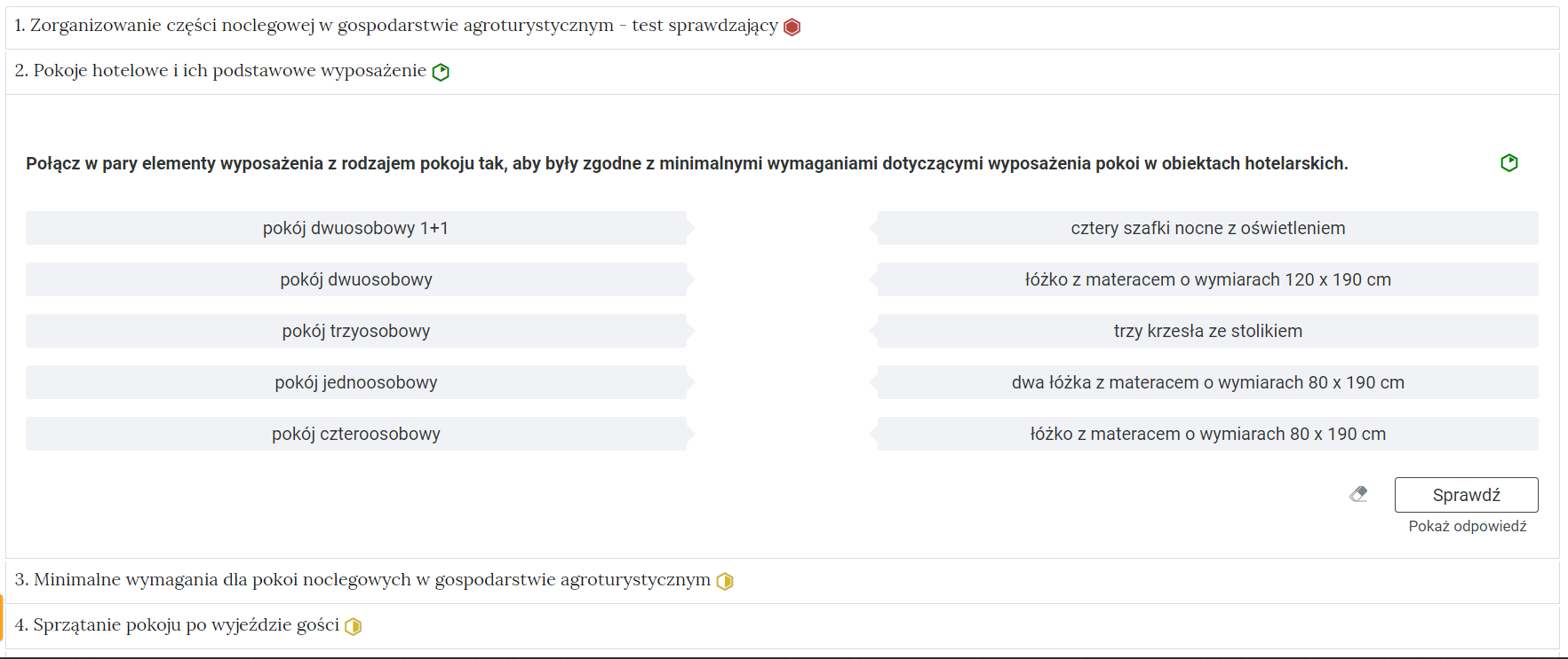 Grafika przedstawia widok interaktywnych materiałów sprawdzających z przykładowym ćwiczeniem. Widoczne są szare prostokąty w dwóch kolumnach z napisami.