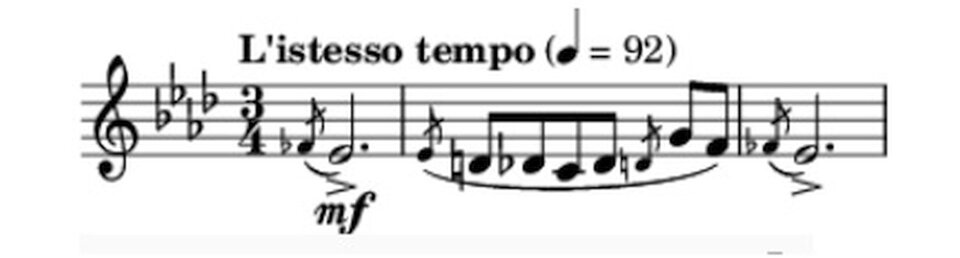 Ilustracja przedstawia zapis nutowy na pięciolinii utworu Siergieja Prokofiewa, „Piotruś i wilk”, temat kaczuszki – obój.